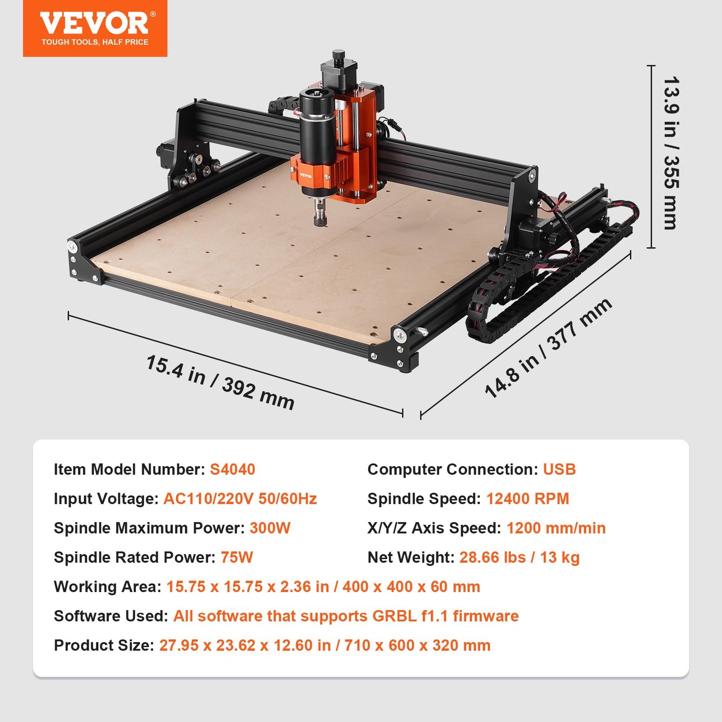 CNC Router Machine, 300W, 3 Axis GRBL Control Wood Engraving Carving Milling Machine Kit, 15.75 x 15.75 x 2.36 in / 400 x 400 x 60 mm Working Area 1200 RPM for Wood Acrylic MDF PVC Plastic Foam