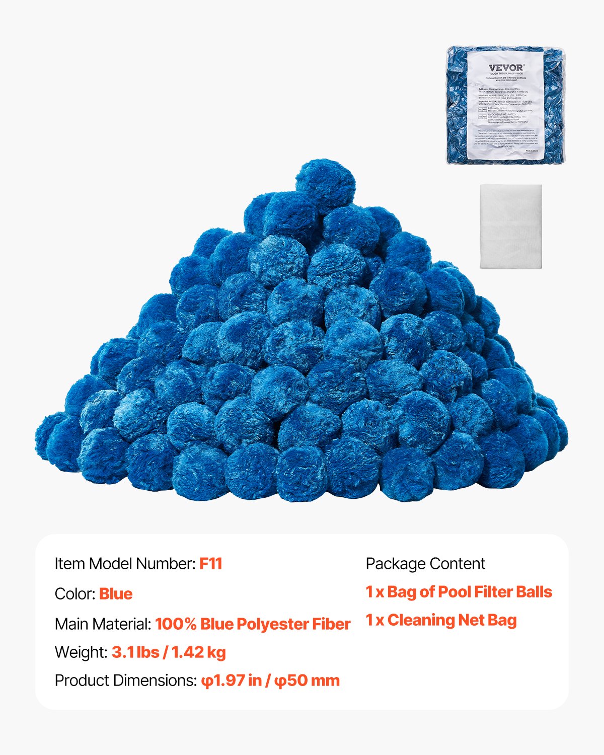 Poolfilterbollar för sandfilter, 1,4 kg/3,1 lbs, filterbollar som ersätter poolfiltersand, återanvändbart blått polyesterfiberfiltermedia med tvättpåse, för pool, akvarium, ovanmarkspool