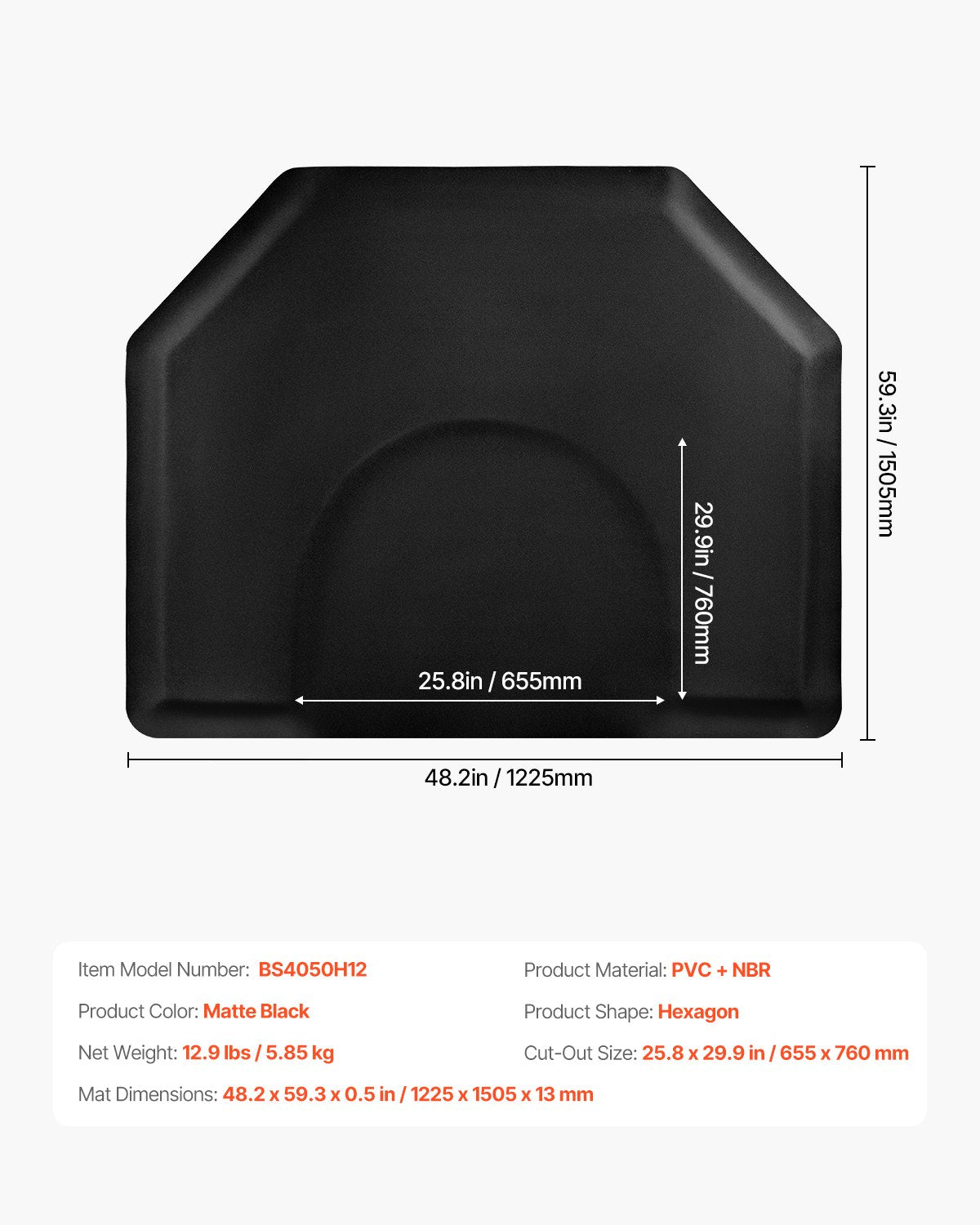 Salongsmatta för hårstylist, 1225 x 1505 mm hexagonmatta för salongsstolar, anti-trötthetsmatta, 13 mm förtjockad golvmatta för barbershop med runda utskärningar, lättrengjord PVC-yta och snubbelsäkra, avfasade kanter