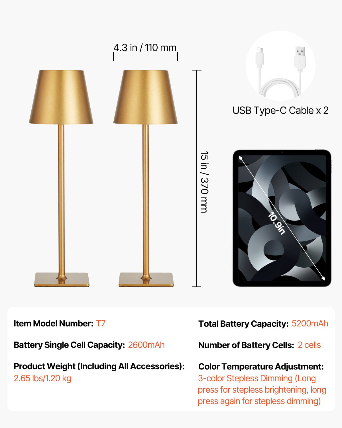 Sladdlös bordslampa, 2-pack, 5200mAh inbyggt laddningsbart batteri, skrivbordslampa med 3 färger steglös dimning, 3000-6500K färgtemperatur, bordslampa för restaurang, sovrum, utomhus, guld