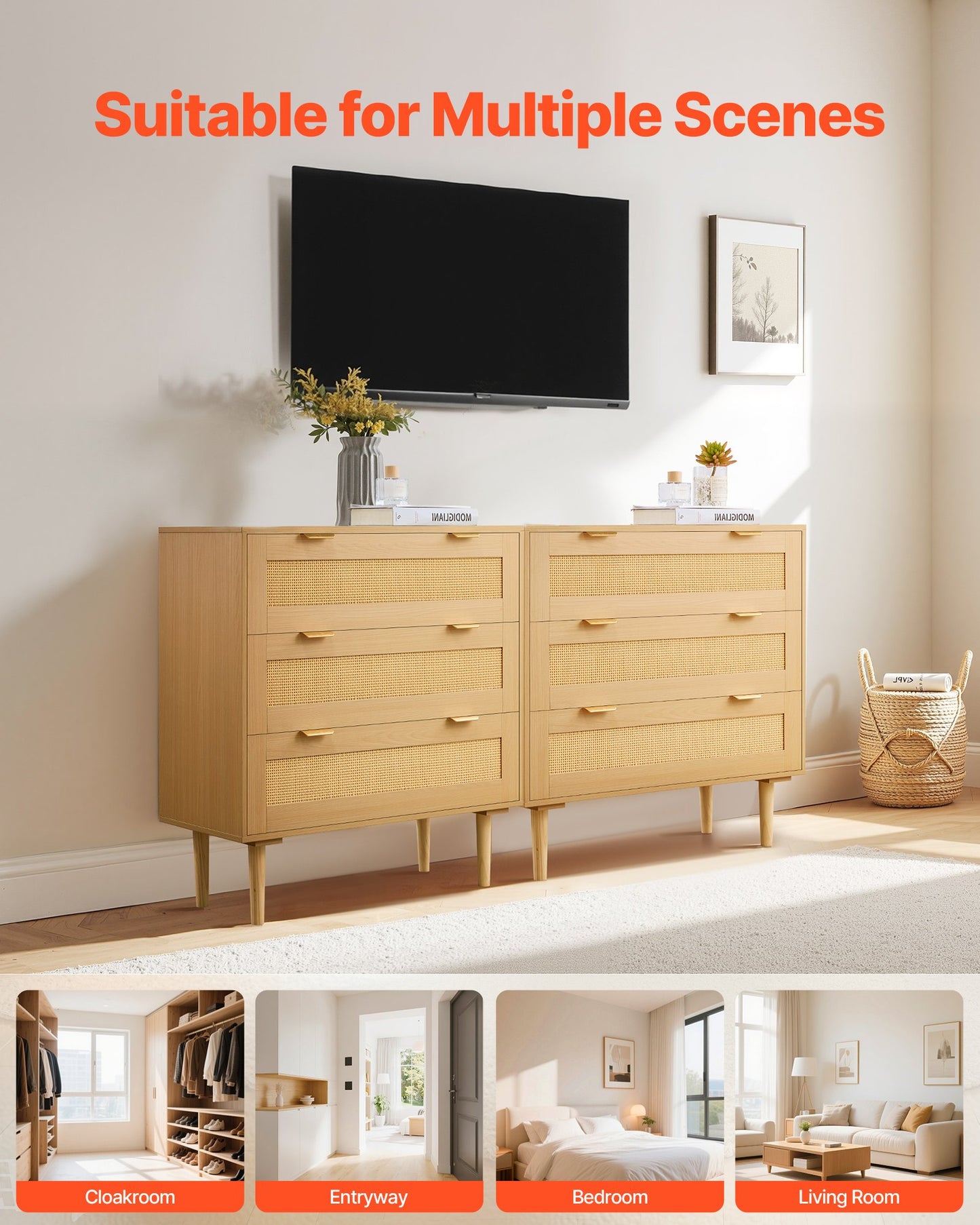 3 Drawer Rattan Dresser, Modern Closet Dresser for Bedroom, Natural Rattan Chest of Drawers with Metal Handles & Wooden Legs, Chest Clothing Organizer & Storage for Bedroom, Living Room, Hallway