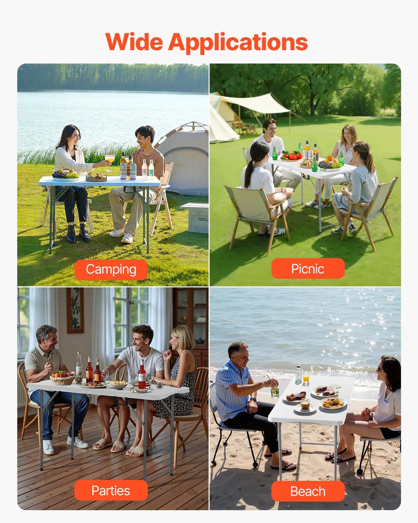 Folding Table, 4 Ft Heavy Duty Portable Fold-in-Half Utility Table, Indoor Outdoor Plastic Rectangle Table with Adjustable Height and Built in Handle, for Party, Dining, Picnic, Camping, White