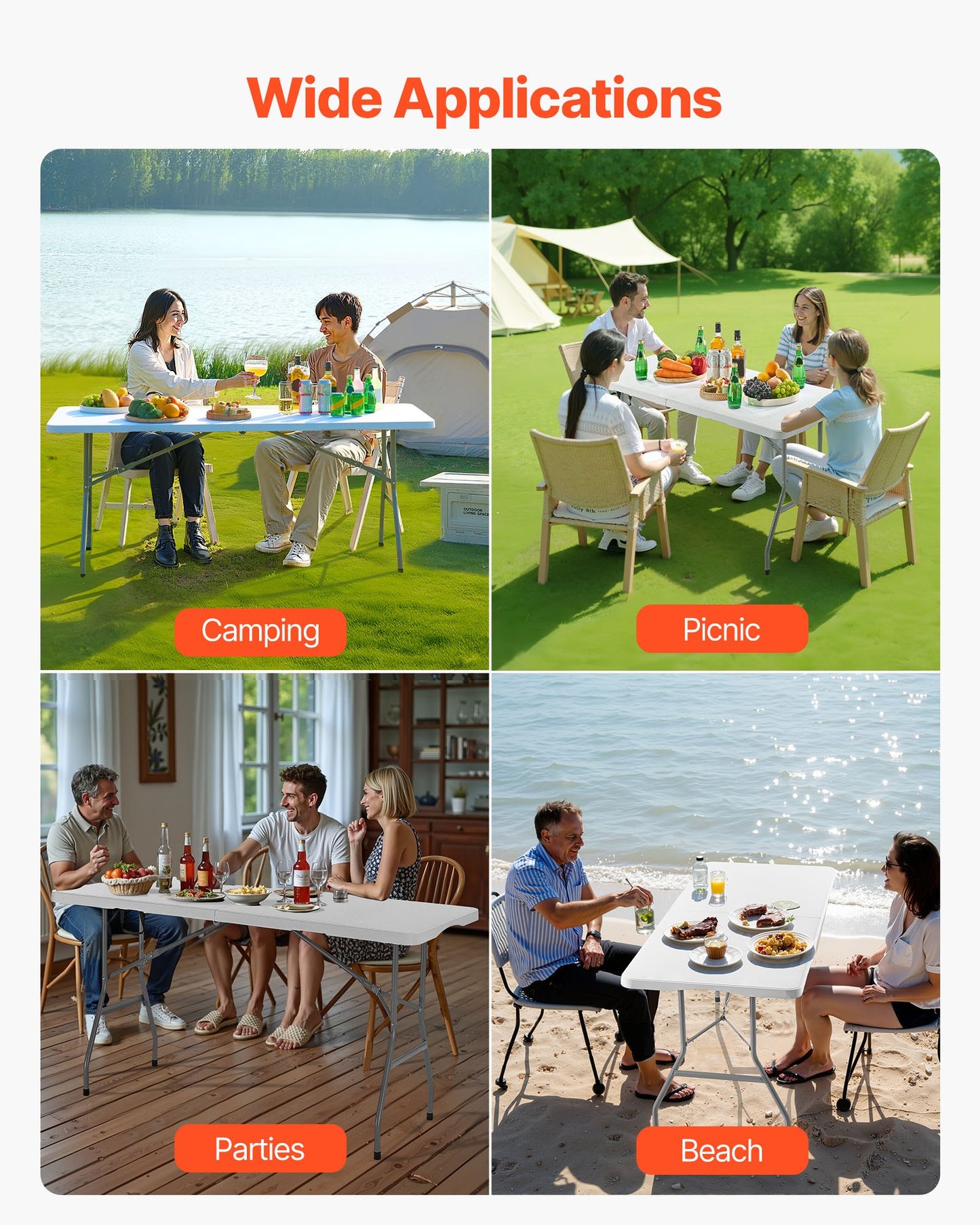 Folding Table, 6 Ft Heavy Duty Portable Fold-in-Half Utility Table, Indoor Outdoor Plastic Rectangle Table with Built in Handle, for Party, Dining, Wedding, Events, Picnic, Camping, White