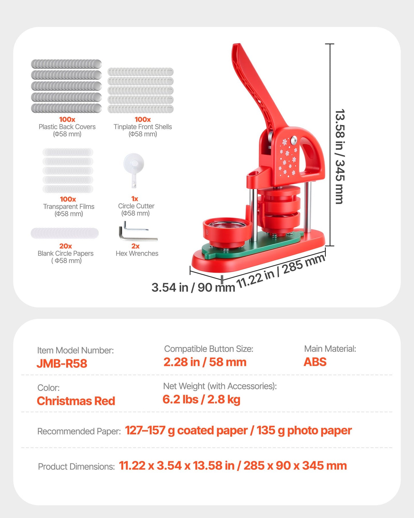 Knappmaskin, 58 mm, plastnålstillverkare med 100 st knappdelar, cirkelskärare och insexnycklar, förstärkt ergonomiskt handtag, för gör-det-själv-märken, personliga nålar och nyckelringar, röd