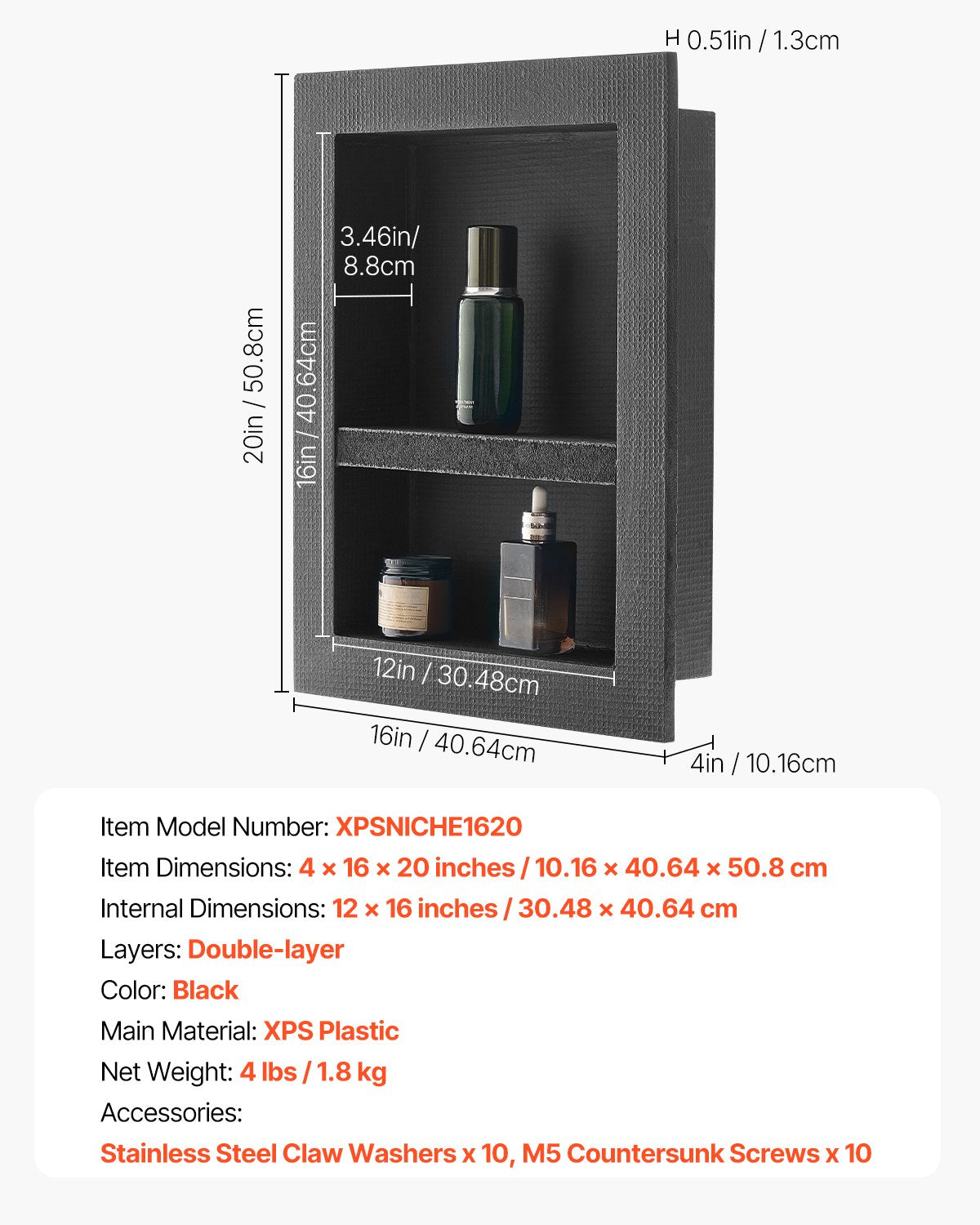 Duschnisch, 40,6 x 50,8 x 10,2 cm infälld väggnisch med flyttbar avdelarhylla, modern tvål- och schampoförvaring, fyrkantiga hörn, förseglad vattentät design, svart för badrumsdusch