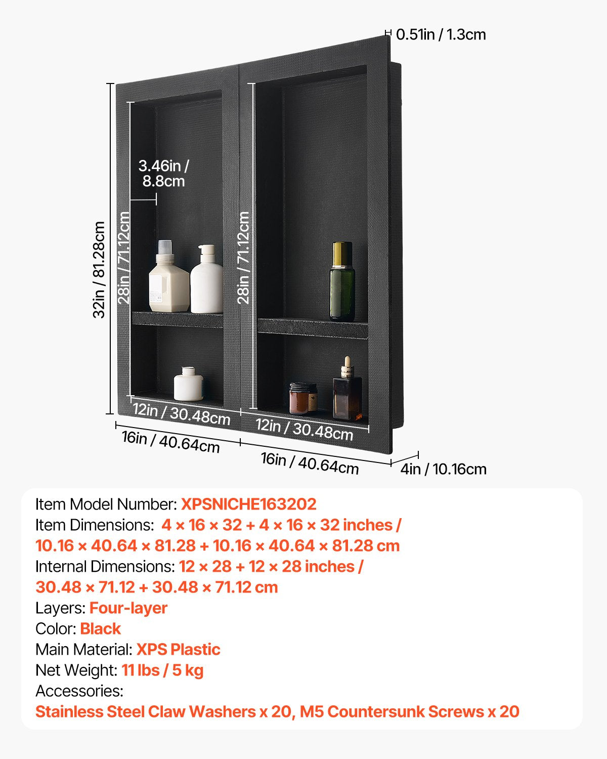 Duschnisch, 40,6 x 81,3 cm + 40,6 x 81,3 cm Infälld väggnisch med flyttbar hylla, 10,2 cm tjock modern tvål- och schampoförvaring, fyrkantiga hörn, förseglad vattentät, svart för badrum