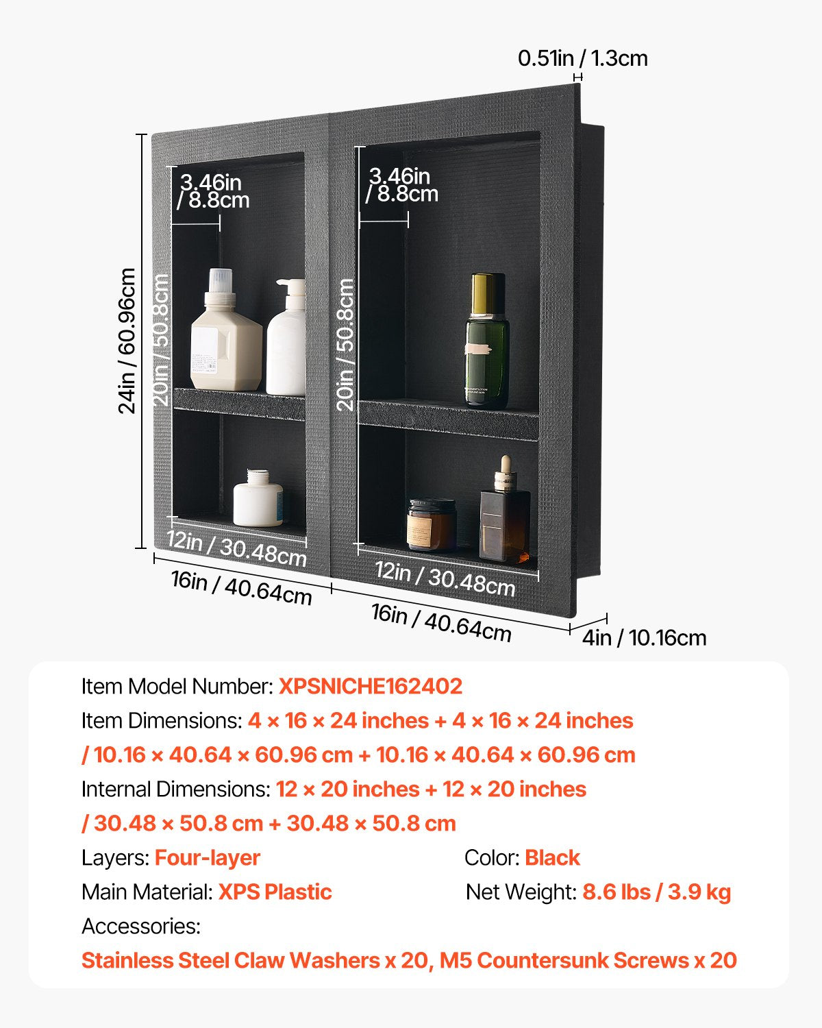 Duschnisch, 40,6 x 61,0 cm + 40,6 x 61,0 cm Infälld väggnisch med flyttbar hylla, 10,2 cm tjock modern tvål- och schampoförvaring, fyrkantiga hörn, förseglad vattentät, svart för badrum