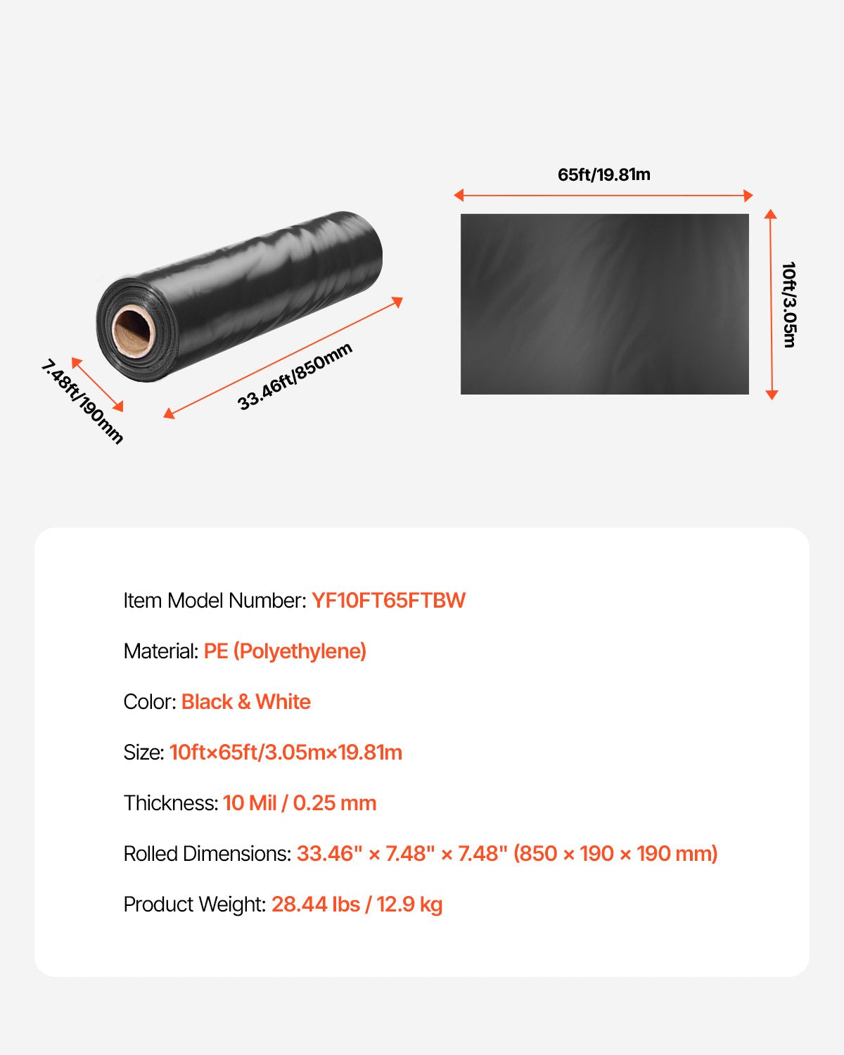 10 mil plastfolie kraftig 10' x 65', tjock plastfolie i rulle, plastduk målarpresenning för krypgrundsångspärr, svartvit dubbelsidig, mångsidig