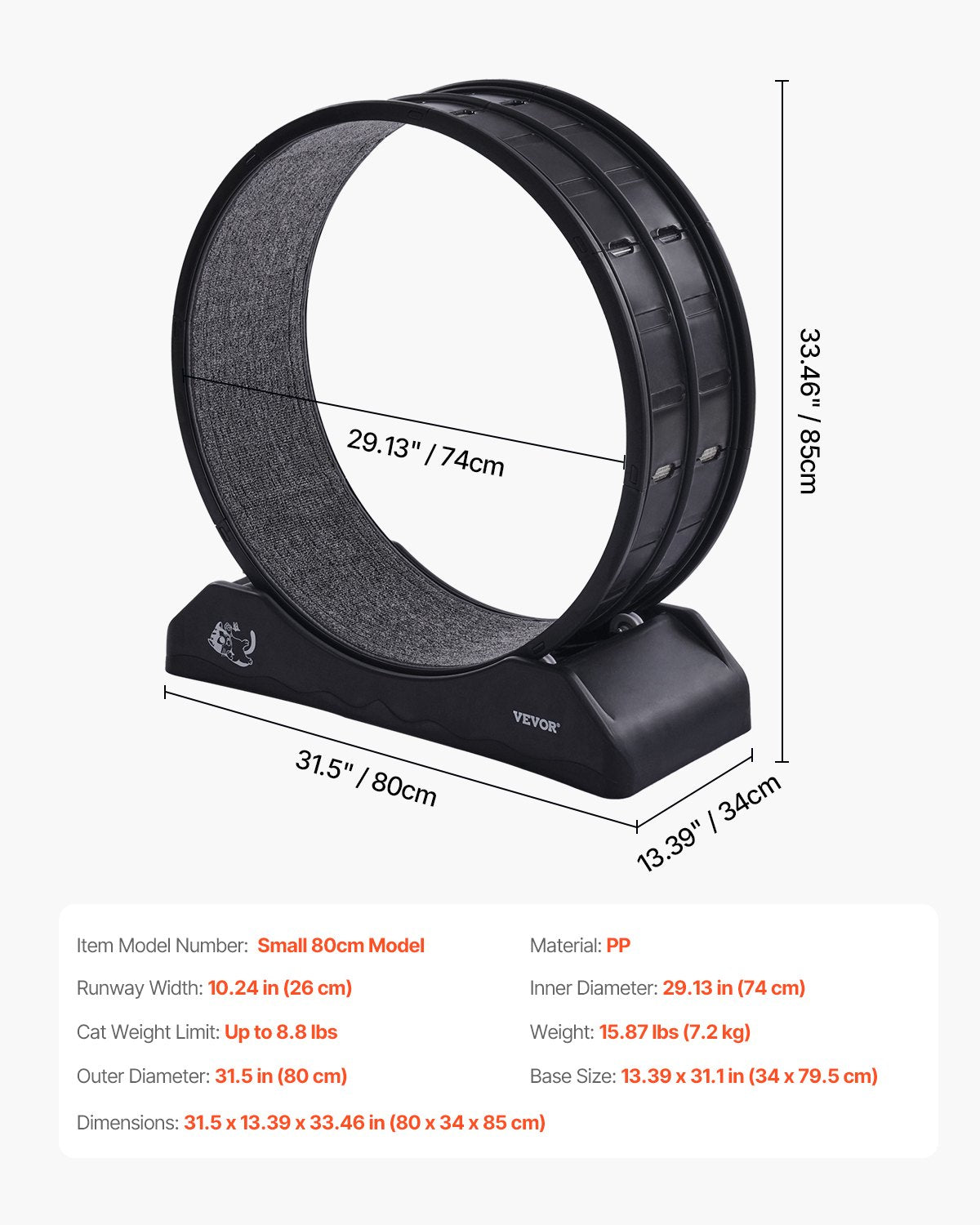 Cat Exercise Wheel, 31.5 in, Large Cat Running Wheel with Secure Brake & Carpeted Runway, Quiet Operation Cat Treadmill, Indoor Cats Exerciser Wheel for Pets Weight Loss & Health Black