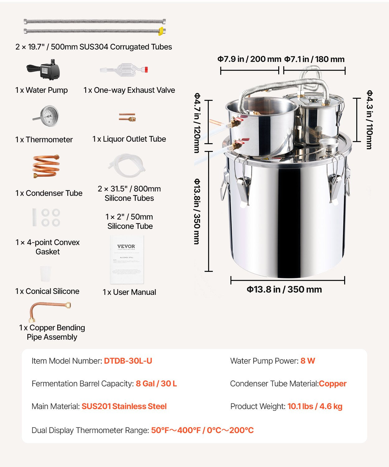 Alcohol Still, 8 Gal / 30 L Stainless Steel Water Alcohol Distiller with Copper Coil for Fast Cooling, Dual Condenser Distiller Kit with Secondary Distillation, for Wine Whisky Brandy, Silver