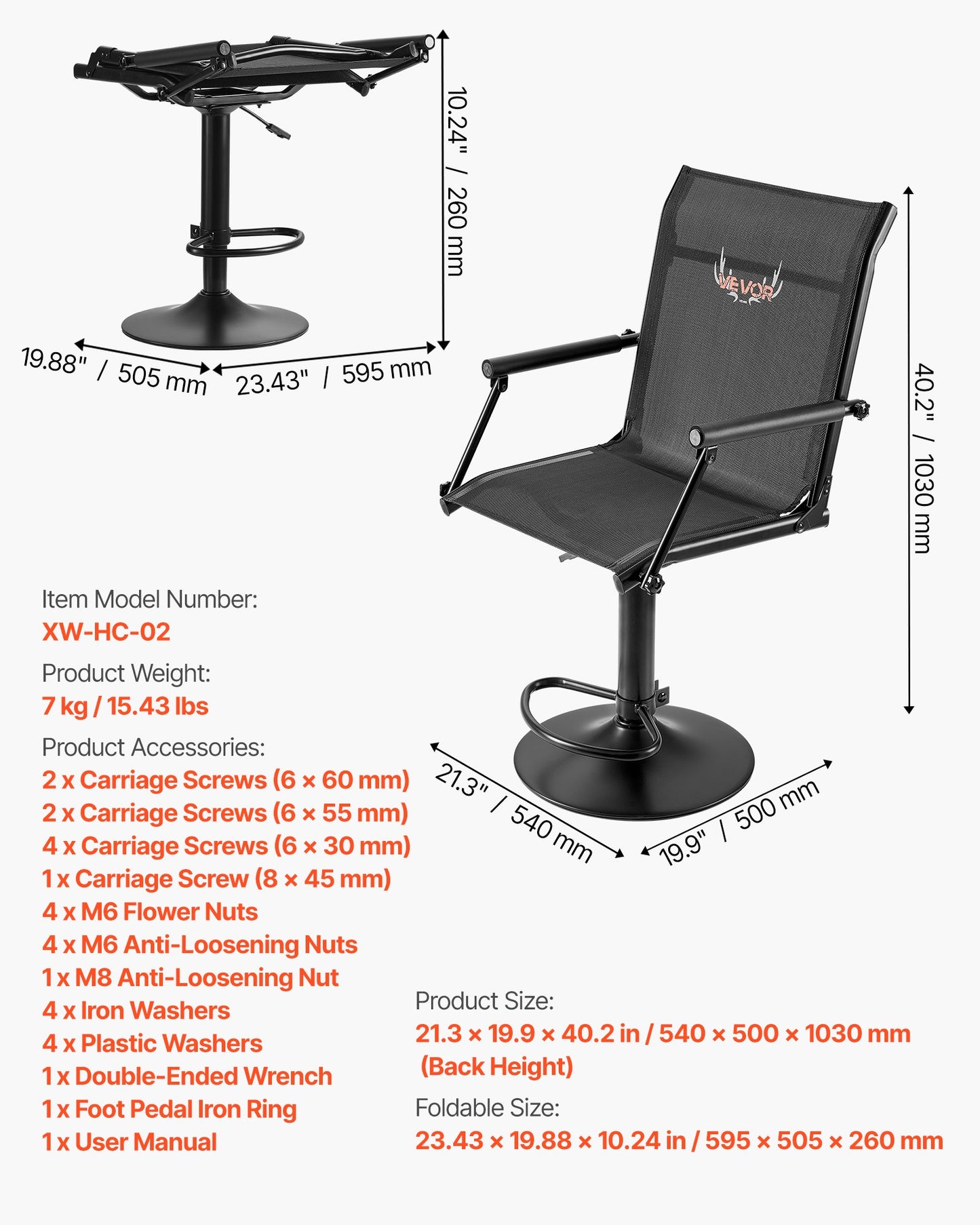 Hunting Chair, 360° Silent Swivel, Lightweight Blind Chair, Heavy-Duty Steel Frame Ground Stool Seat, with Padded Armrests, Height Adjustable, 136 Kg Capacity, for Outdoor Fishing, Camping