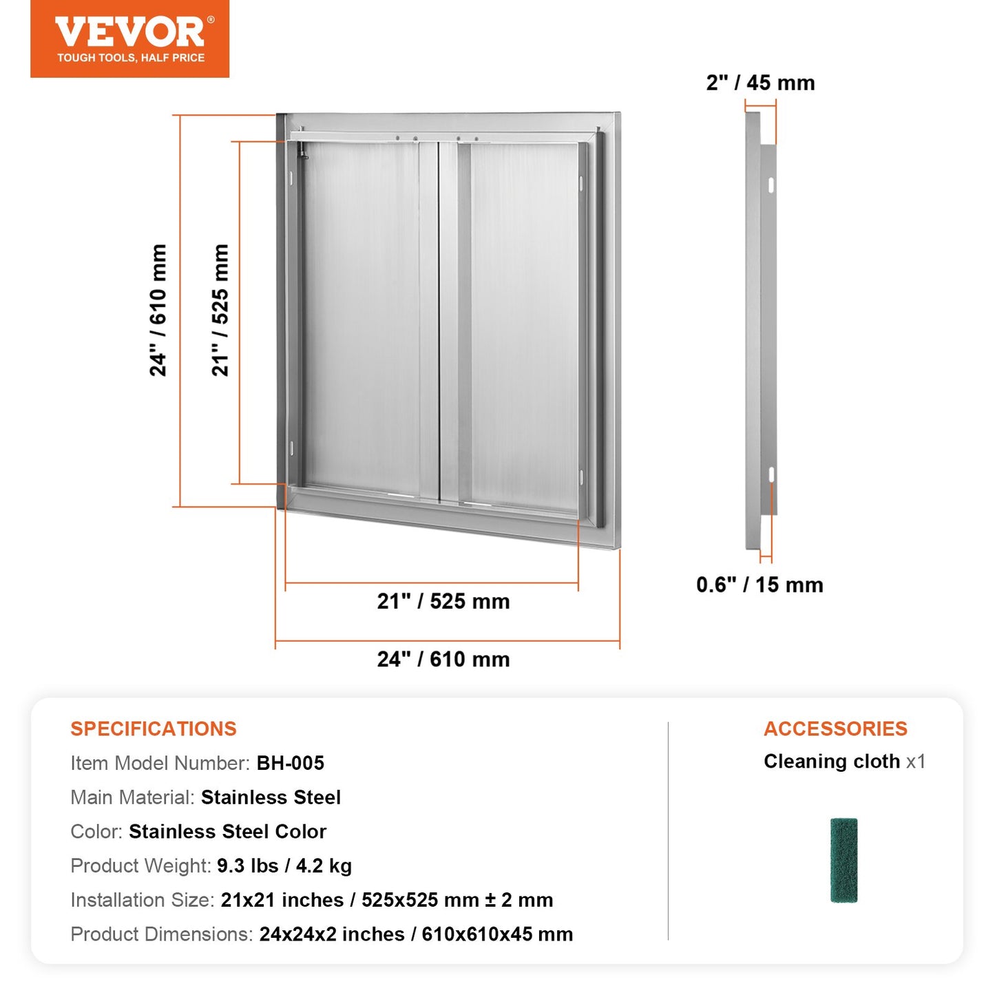 BBQ Access Door, 610x610 mm Double Outdoor Kitchen Door, Stainless Steel Flush Mount Door, Wall Vertical Door with Recessed Handles , for BBQ Island, Grilling Station, Outside Cabinet