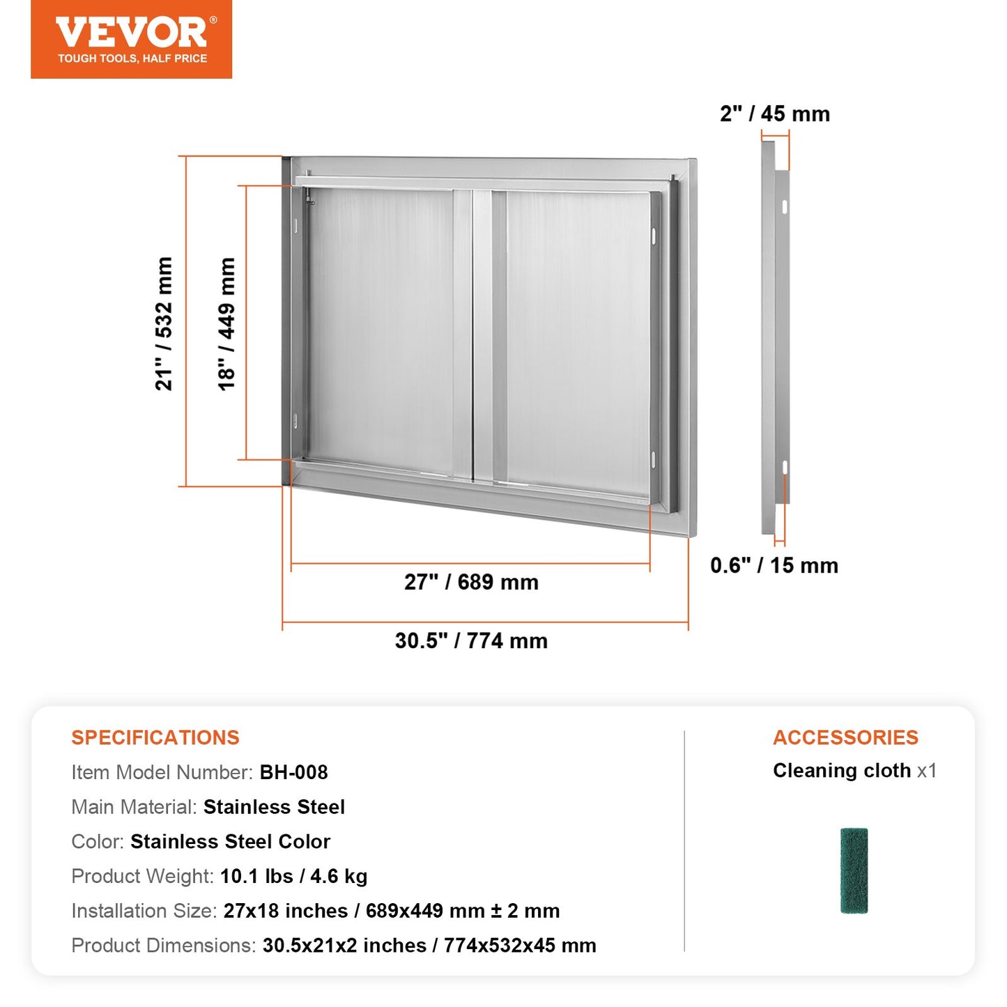 BBQ Access Door, 774x532 mm Double Outdoor Kitchen Door, Stainless Steel Flush Mount Door, Wall Vertical Door with Recessed Handles , for BBQ Island, Grilling Station, Outside Cabinet