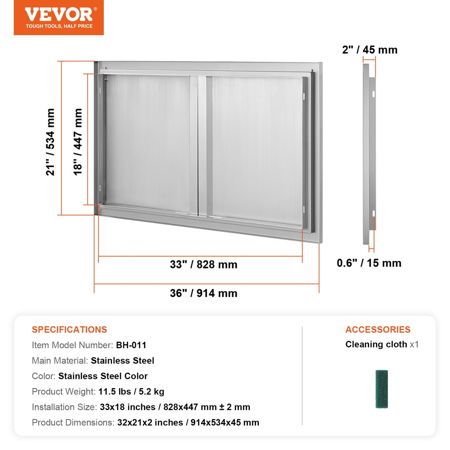BBQ Access Door, 914x534 mm Double Outdoor Kitchen Door, Stainless Steel Flush Mount Door, Wall Vertical Door with Recessed Handles , for BBQ Island, Grilling Station, Outside Cabinet