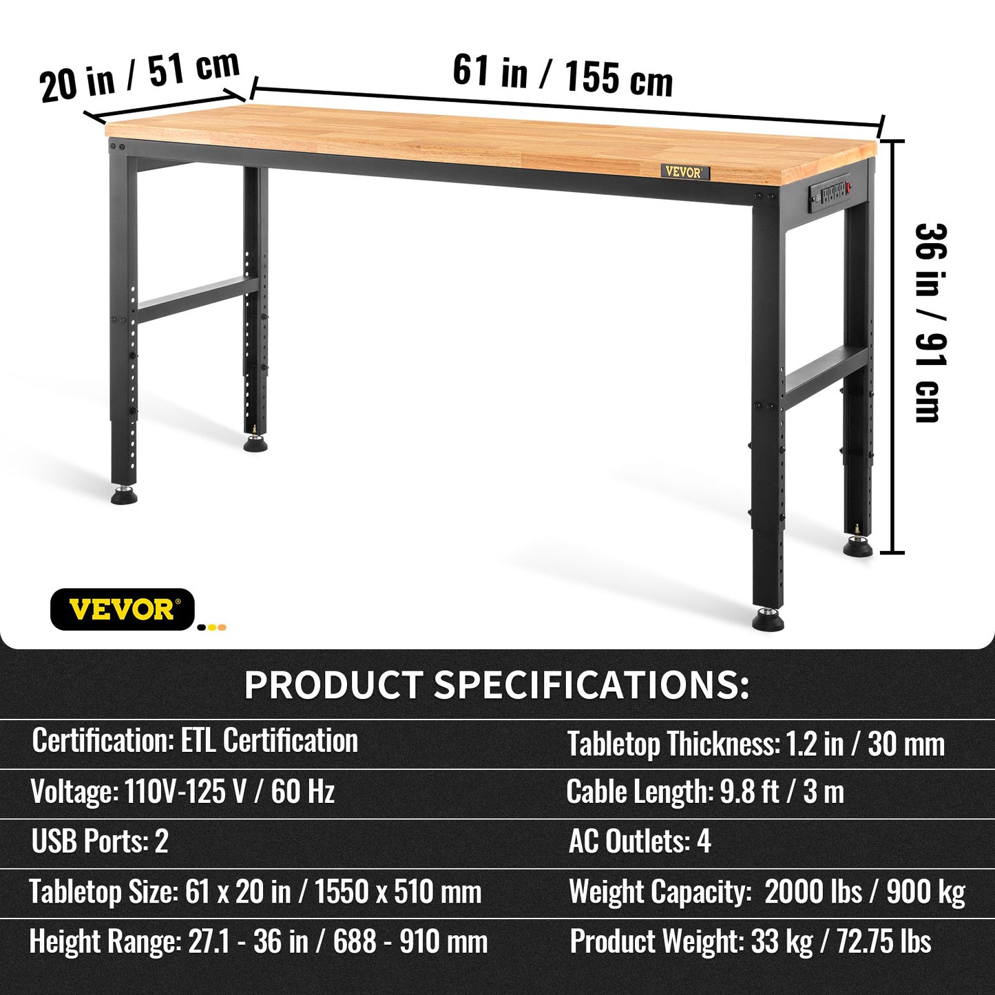 Adjustable Height Workbench 154.9 cm L x 50.8 cm W Work Bench Table with Power Outlet