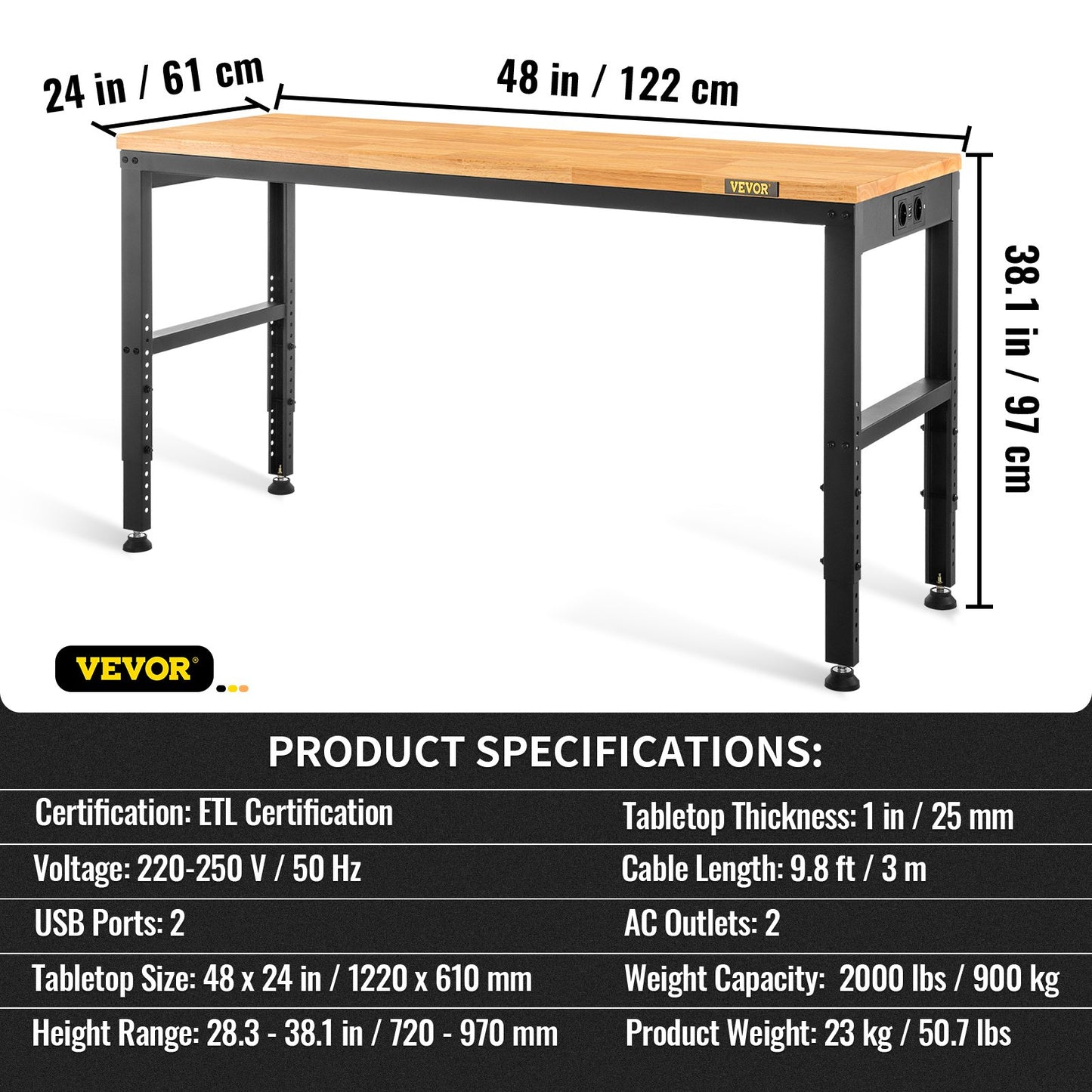 Workbench Adjustable Height, 122cm W X 61cm D X 97cm H Garage Table with 72 – 97 cm Heights & 900KG Load Capacity, with Power Outlets & Hardwood Top & Metal Frame & Foot Pads, for Office Home