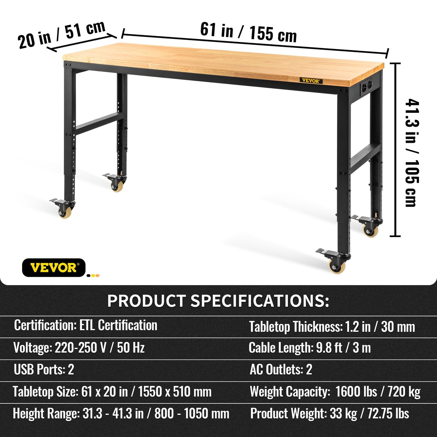 Workbench Adjustable Height, 155 x 51 cm Garage Table with 80 – 105 cm Heights & 720KG Capacity, with Power Outlets & Hardwood Top & Metal Frame & Swivel Casters, for Office Home Workshop