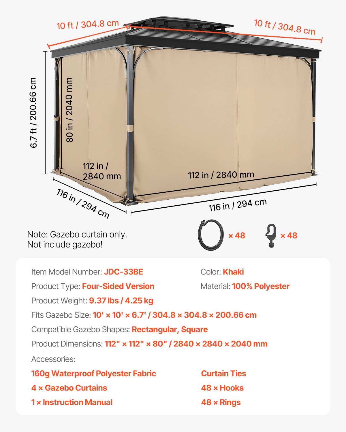Gazebo Curtains Outdoor, Fit Most 10' x 10' x 6.7' Gazebos, 4-Panel Sidewall Gazebo Privacy Curtains with Zippers, Outdoor Curtain Replacement for Patio Canopy, Only Curtain, Khaki