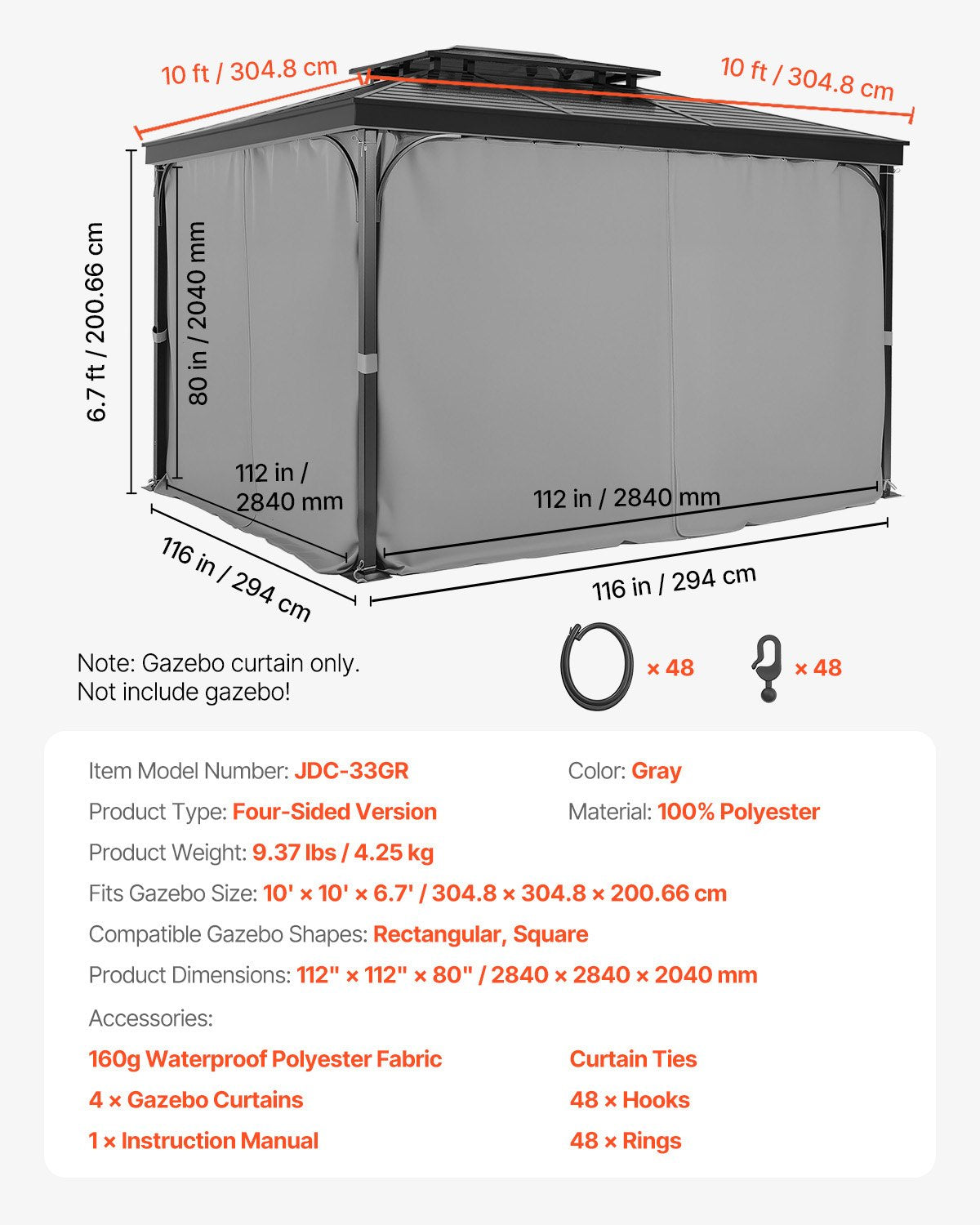 Gazebo Curtains Outdoor, Fit Most 10' x 10' x 6.7' Gazebos, 4-Panel Sidewall Gazebo Privacy Curtains with Zippers, 6.7' Tall Outdoor Curtain Replacement for Patio Canopy, Only Curtain, Gray