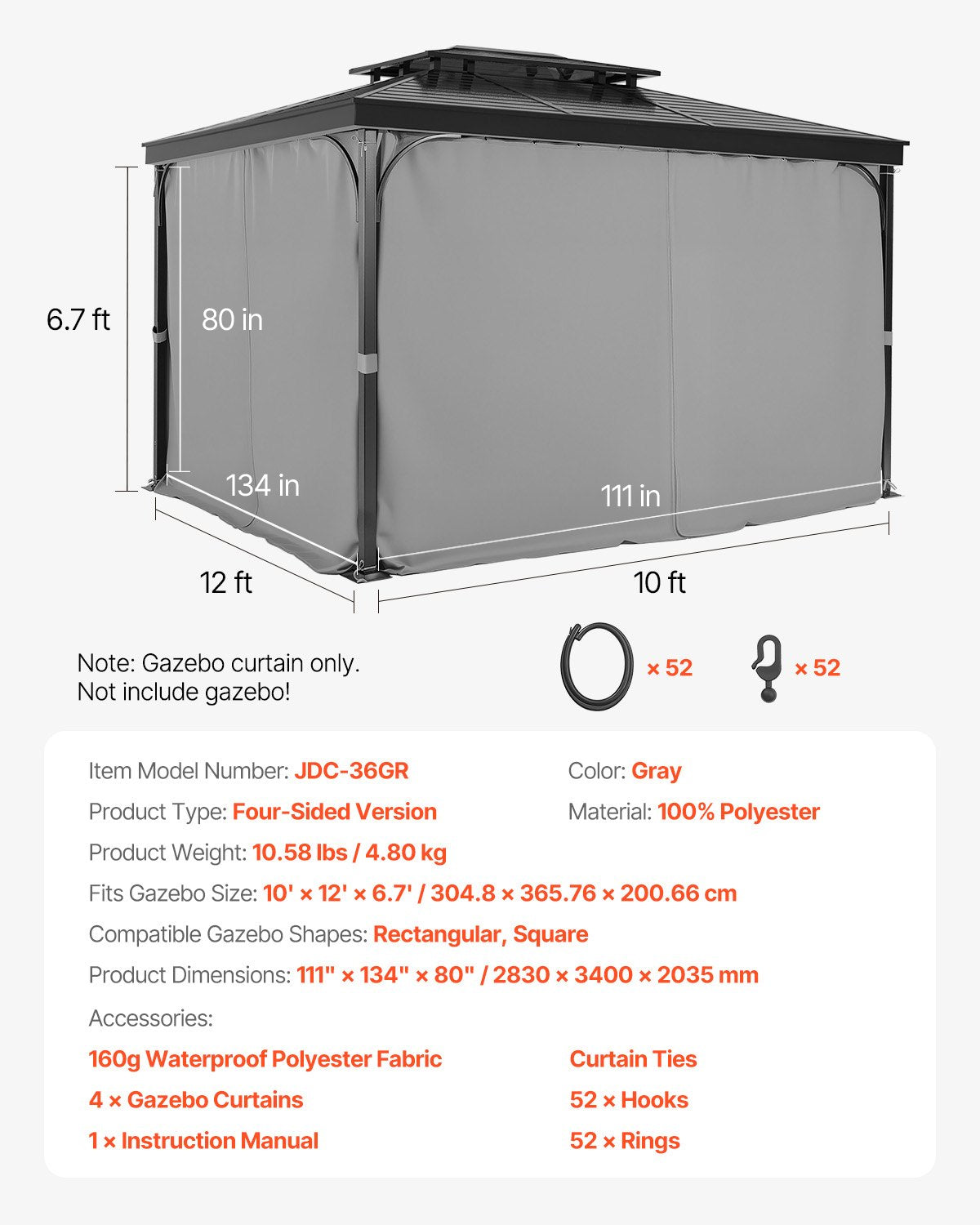Gazebo Curtains Outdoor, 12' x 10' x 6.7' Gazebos, 4-Panel Sidewall Gazebo Privacy Curtains with Zippers, Outdoor Curtain Replacement for Patio Canopy, Only Curtain, Gray
