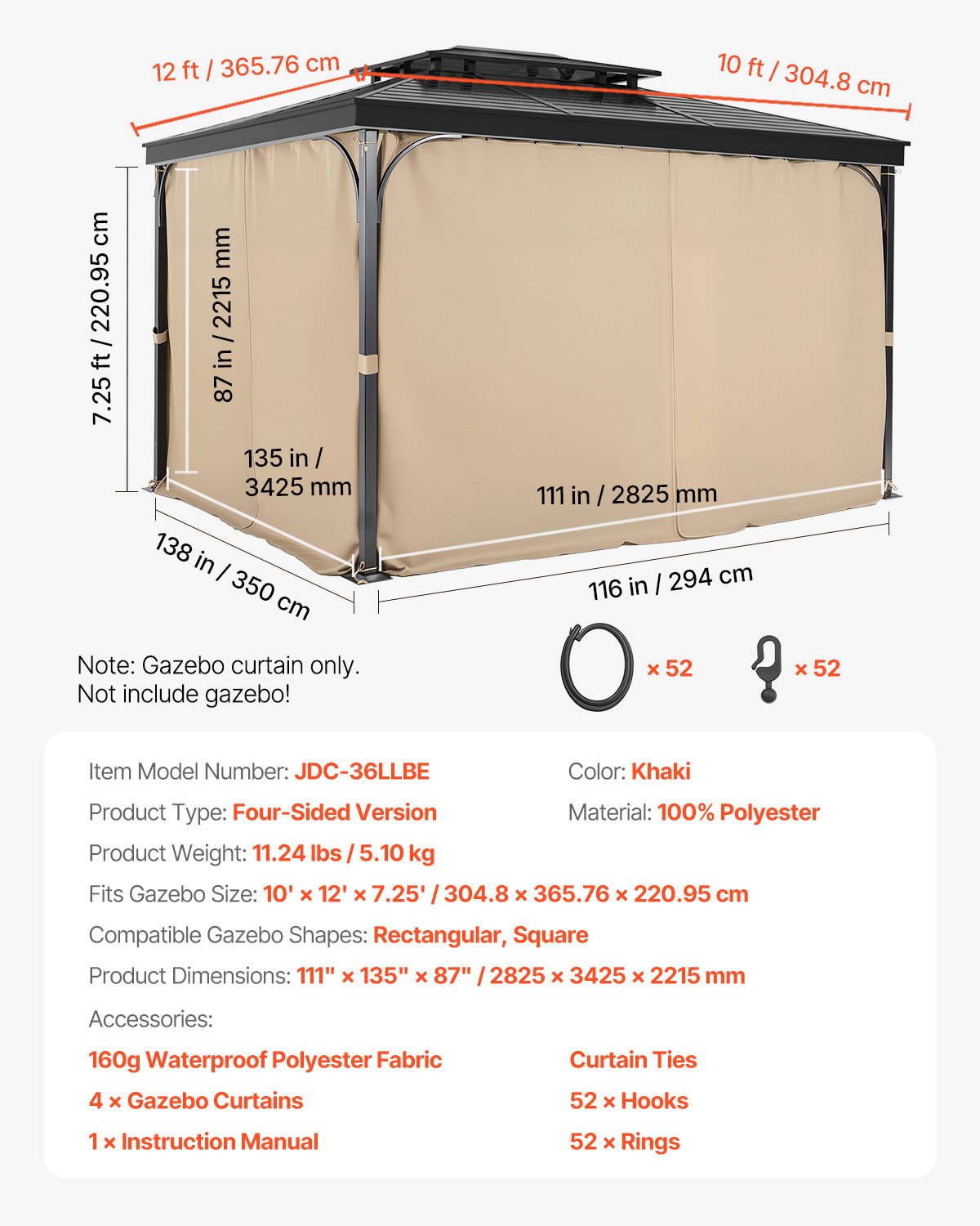 Gazebo Curtains Outdoor, 12' x 10' x 7.3' Gazebos, 4-Panel Sidewall Gazebo Privacy Curtains with Zippers, Outdoor Curtain Replacement for Patio Canopy, Only Curtain, Khaki