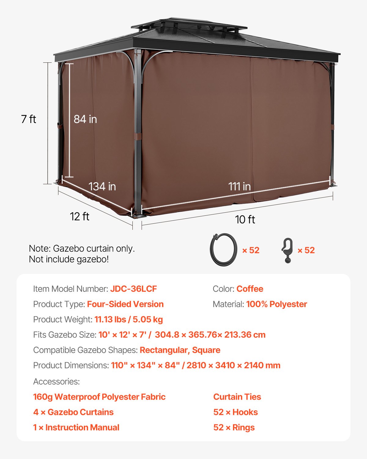 Gazebo Curtains Outdoor, 12' x 10' x 7' Gazebos, 4-Panel Sidewall Gazebo Privacy Curtains with Zippers, Outdoor Curtain Replacement for Patio Canopy, Only Curtain, Coffee
