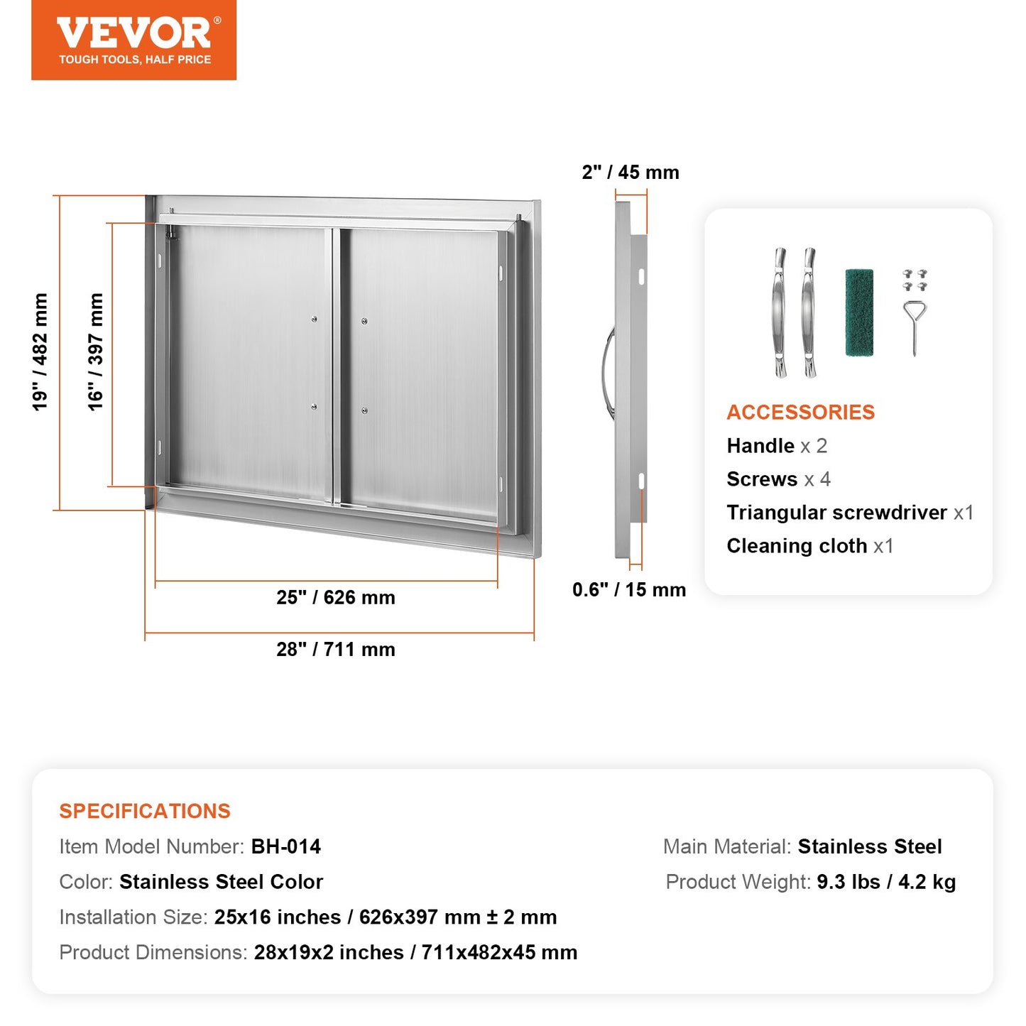BBQ Access Door, 711x482 mm Double Outdoor Kitchen Door, Stainless Steel Flush Mount Door, Wall Vertical Door with Handles, for BBQ Island, Grilling Station, Outside Cabinet