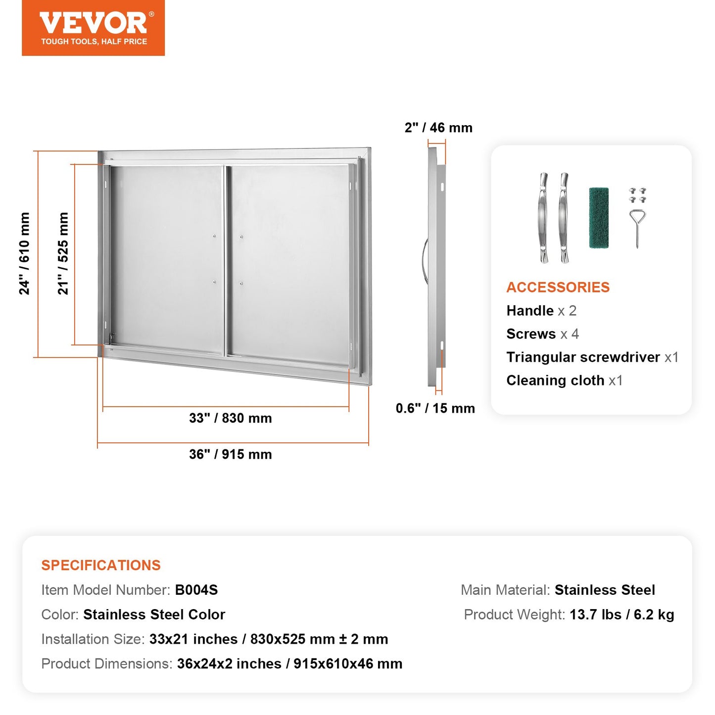 BBQ Access Door, 915x610 mm Double Outdoor Kitchen Door, Stainless Steel Flush Mount Door, Wall Vertical Door with Handles, for BBQ Island, Grilling Station, Outside Cabinet