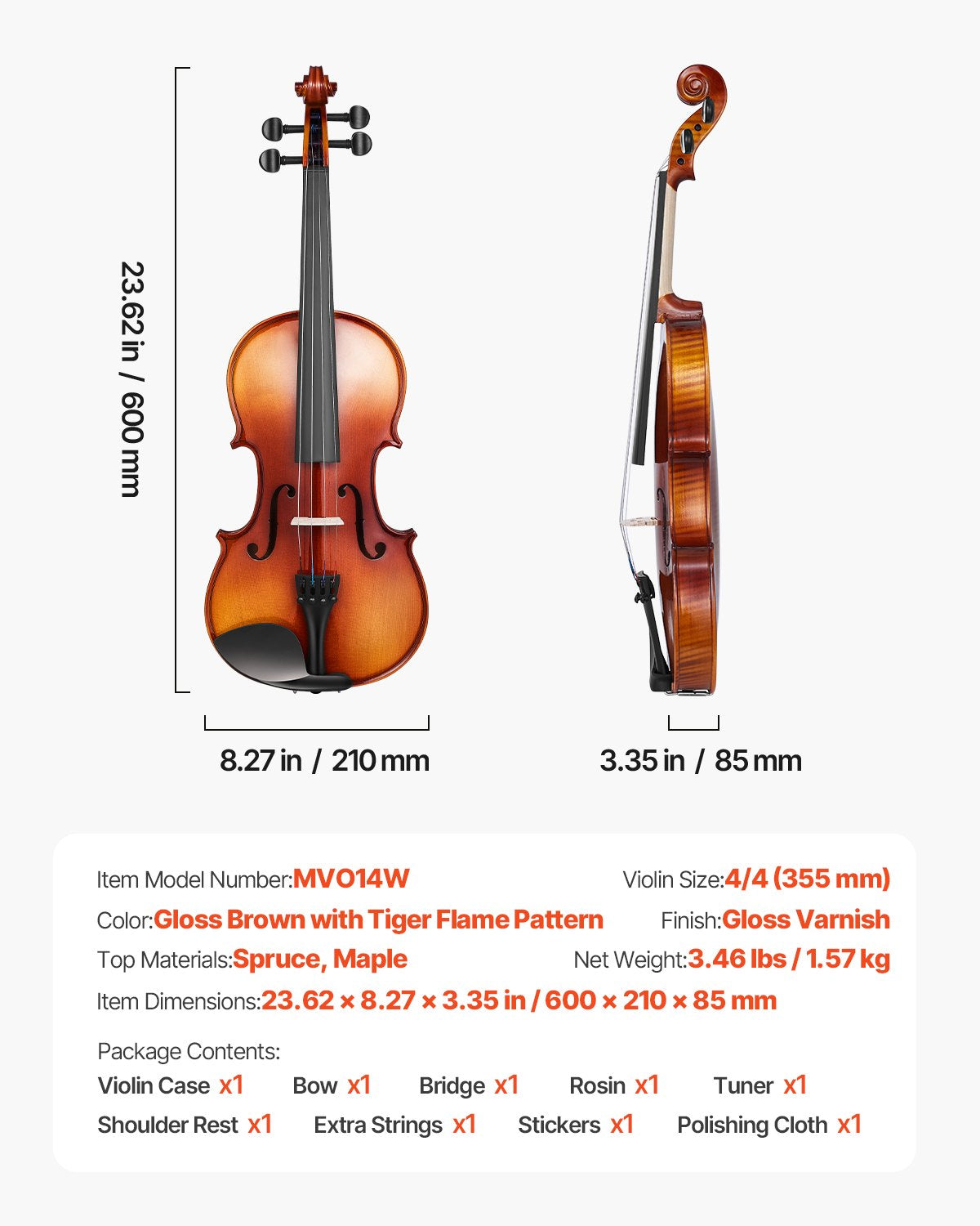 Violin 4/4 355mm Size Fiddle Set Solidwood for Beginner Glossy Brown Patterned