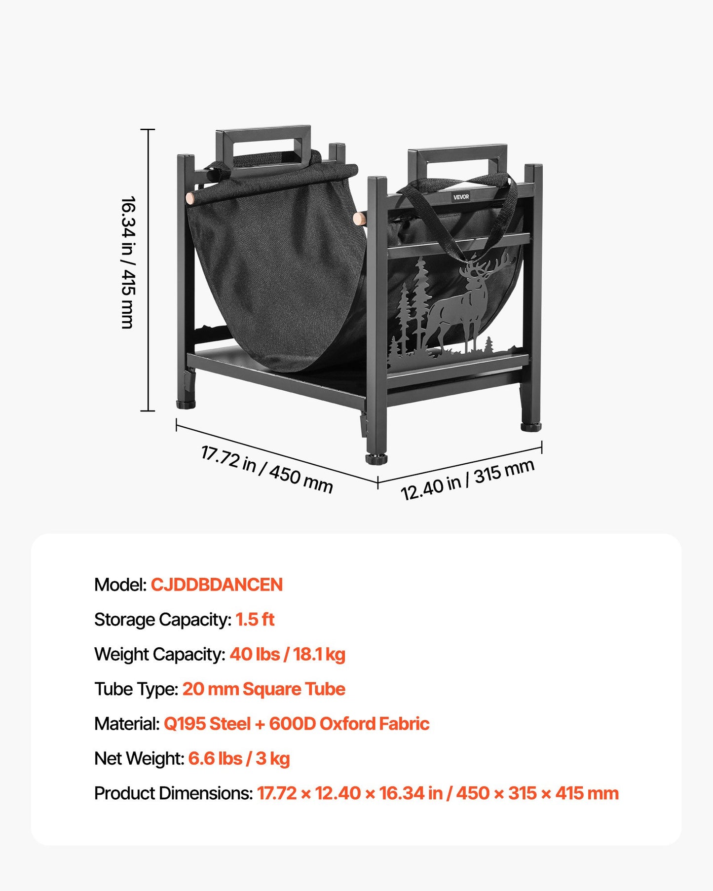 Vedställ för inomhusbruk, 45 cm böjd vedhållare med duk, vedställ med kapacitet 18 kg, vedhållare i pulverlackerat stål, kraftig vedhög för öppen spis