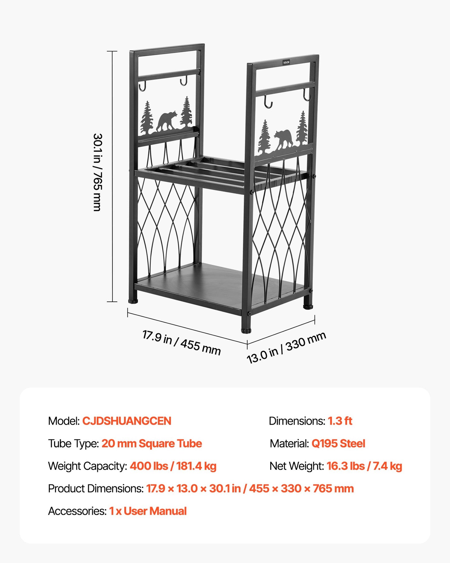 Indoor Firewood Rack, 45.5cm 2-Tier Firewood Holder with Fireplace Tools, Brush, Shovel, Poker, Tongs, Heavy Duty Log Wood Rack, 400 lbs Weight Capacity, Wood Pile Storage Stacker for Fire Pit