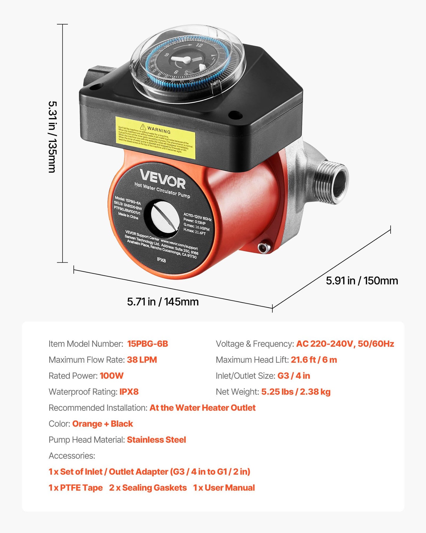 Hot Water Recirculating Pump, with Timer, 38 LPM Instant Recirculation Pump Kit, Circulation Circulator System, 100W AC 220-240V, G3/4 in to G1/2 in Connector, for Boiler Solar Water Heater