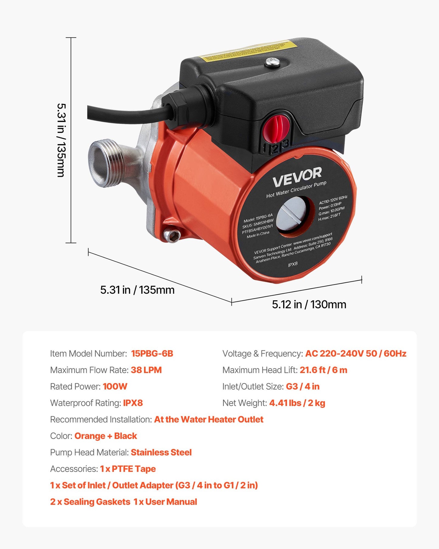 Hot Water Recirculating Pump, 38 LPM, Instant Circulation Circulator Pump System, 3-Speed Control, 100W, AC 220-240V, G3/4 in to G1/2 in Adapter, Stainless Steel Head, for Water Heater System