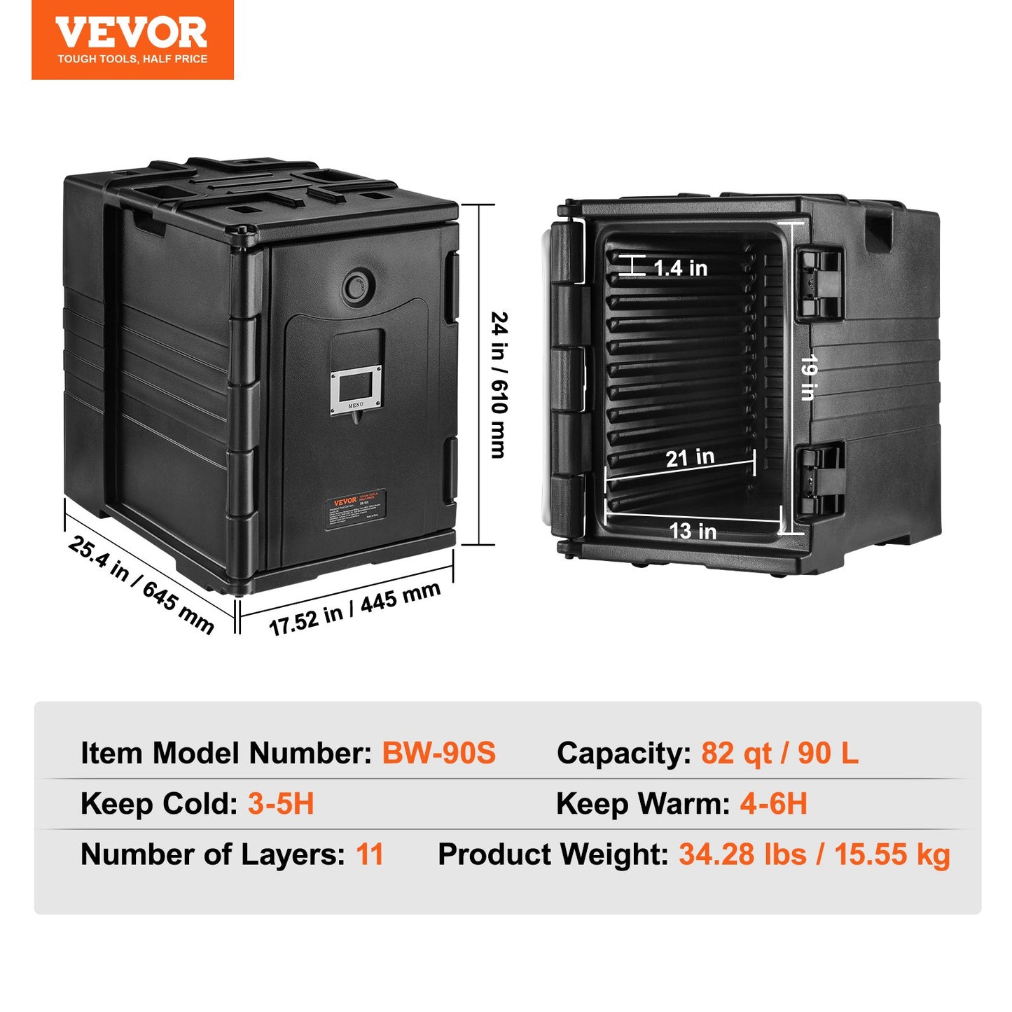 Insulated Food Pan Carrier, 90 L Hot Box for Catering, LLDPE Food Box Carrier with Double Buckles, Front Loading Food Warmer with Handles, Stackable End Loader for Restaurant, Canteen, etc. Bla