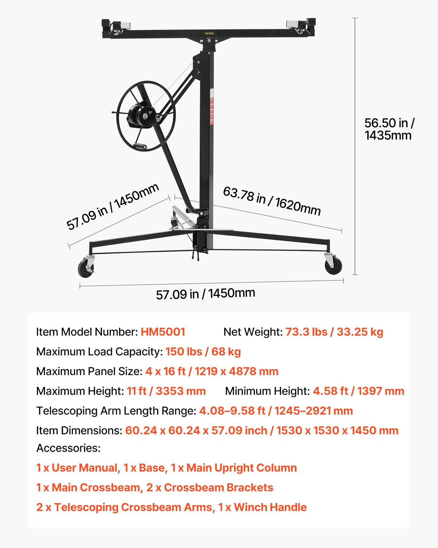 3353mm Drywall Lift, Heavy-Duty 68 kg Sheetrock Hoist with Adjustable Telescoping Arm, Lockable Wheels, Drywall Lifter Panel Jack Hoist Tools Ideal for Ceiling & Wall Installation (Black)