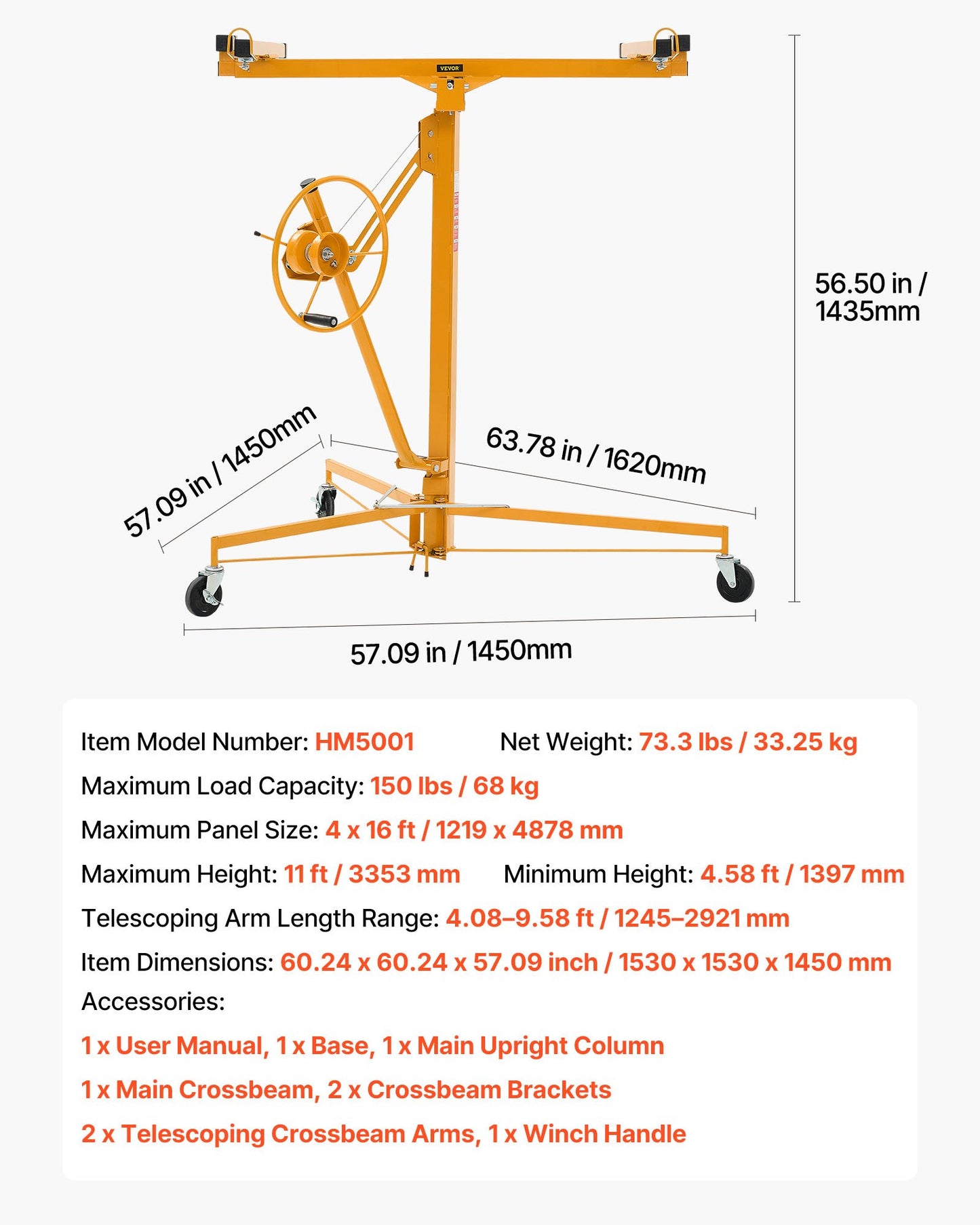 3353mm Drywall Lift, Heavy-Duty 68 kg Sheetrock Hoist with Adjustable Telescoping Arm, Lockable Wheels, Drywall Lifter Panel Jack Hoist Tools Ideal for Ceiling & Wall Installation (Yellow)