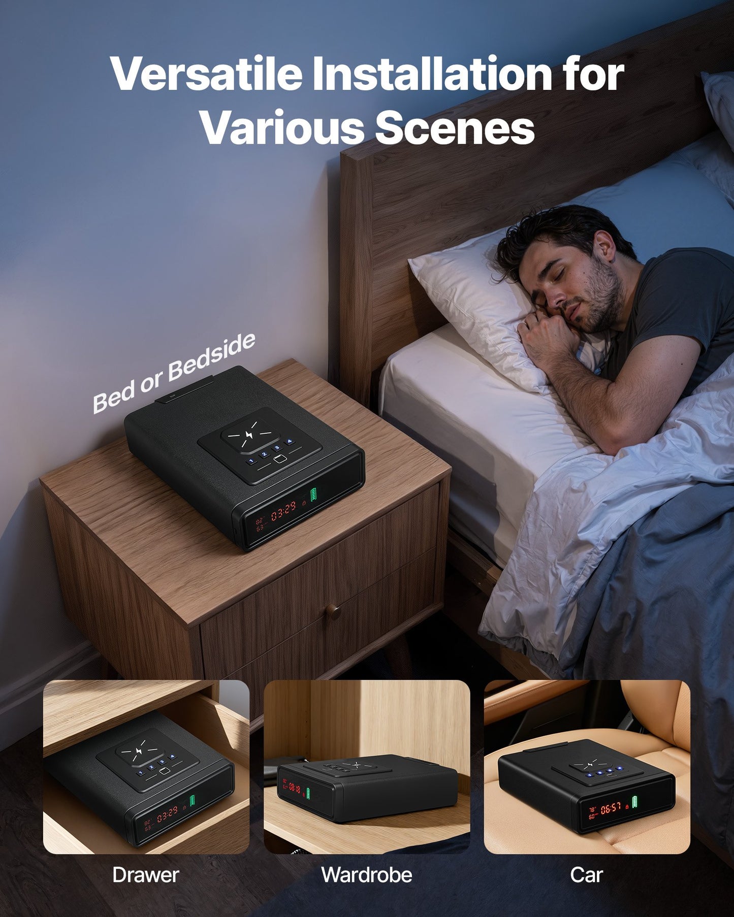 Gun Safe, Pistol Handgun Drawer Safe with Fingerprint/Password/Key, 3-Way Quick Access Firearm Case Drawer with Screen for 2 Pistols & Magazines, Wireless Charging, for Desk Bedside Nightstand