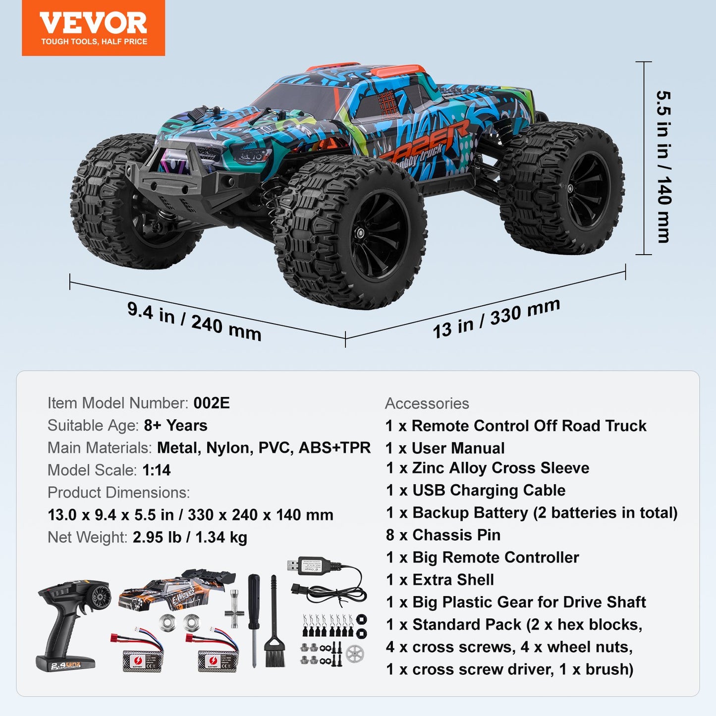 Remote Control Car, 1:14 Scale RC Car for Kids, All Terrain 4WD Off-Road Truck with 45° Wheelie & Adjustable Speed, 42 km/h High-Speed Hobby RC Racing Car Toy, Ideal Gift for 8+ Year Boys Girls