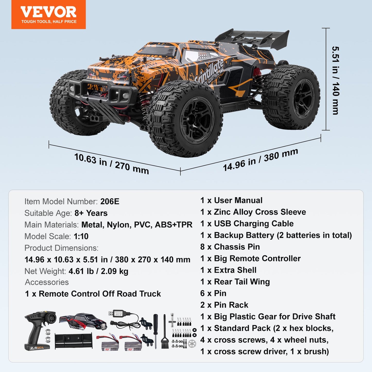 Remote Control Car, 1:10 Scale RC Car for Kids, All Terrain 4WD Off-Road Truck with 45° Wheelie & Adjustable Speed, 50 km/h High-Speed Hobby RC Racing Car Toy, Ideal Gift for 8+ Year Kids, IPX4