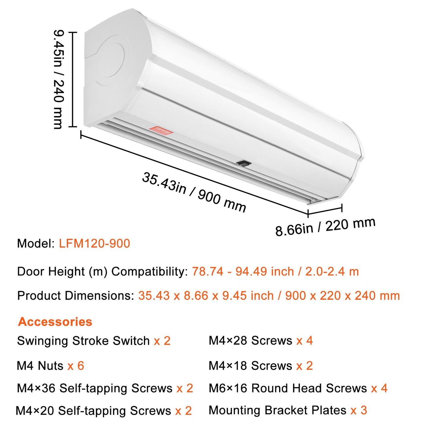 0.9m Commercial Indoor Air Curtain Super Power 2 Speeds 1528m³/h, UL Certified Wall Mounted Air Curtains for Doors, Indoor Over Door Fan with Heavy Duty Limit Switch, Easy-Install Unheated