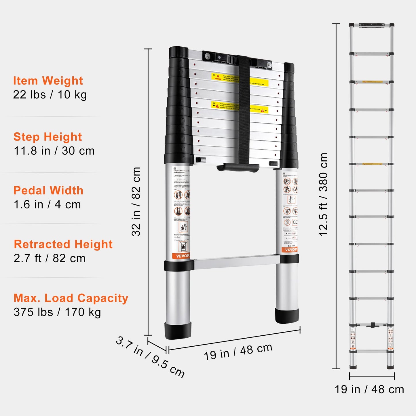 Telescoping Ladder Aluminum Extension Step 381 cm Multi-purpose Portable