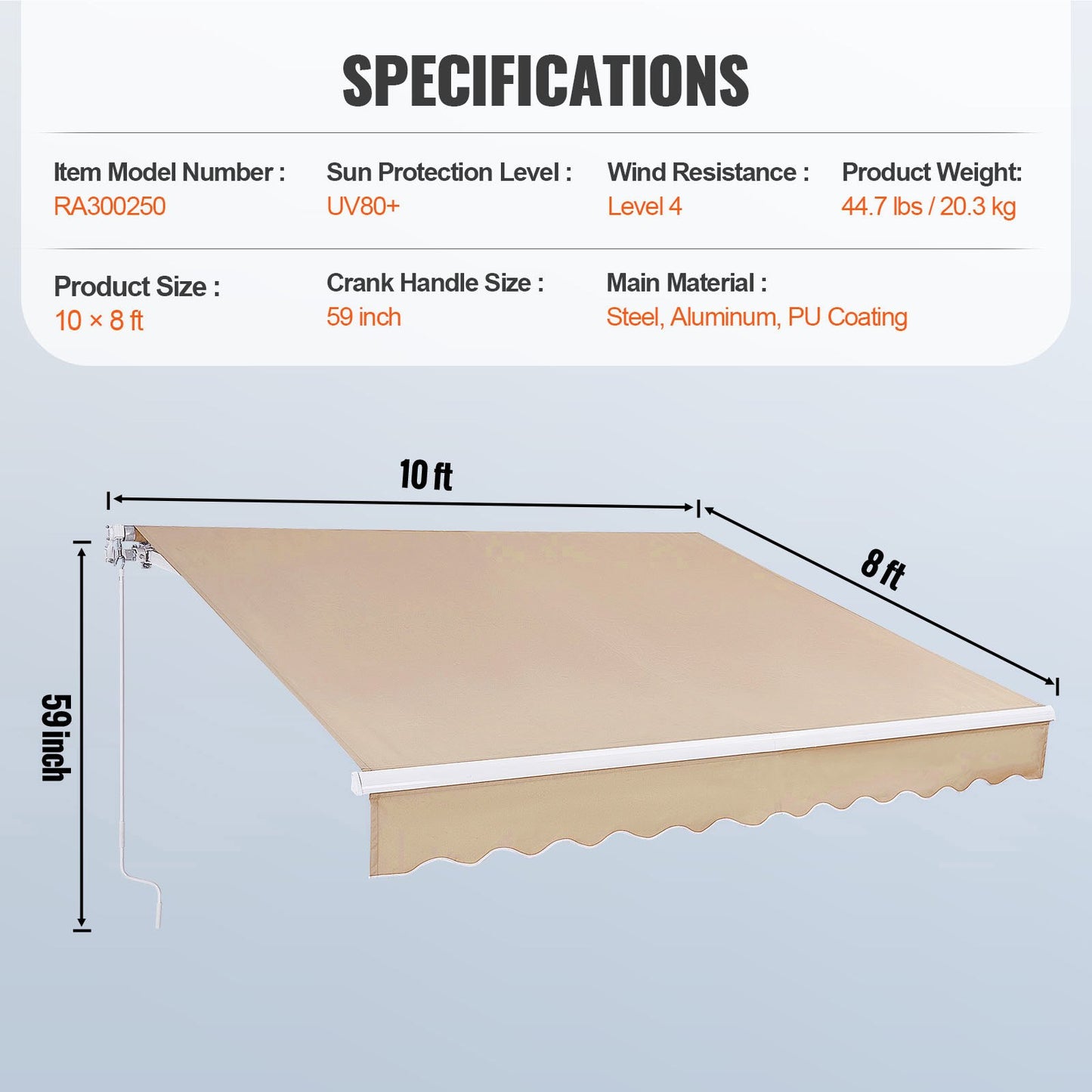 Manual Retractable Awning, 10 x 8 ft Outdoor Patio Awning Retractable Sun Shade, Water-Resistant Polyester Patio Door Window Awning Sunshade Shelter with Crank Handle for Backyard, Balcony