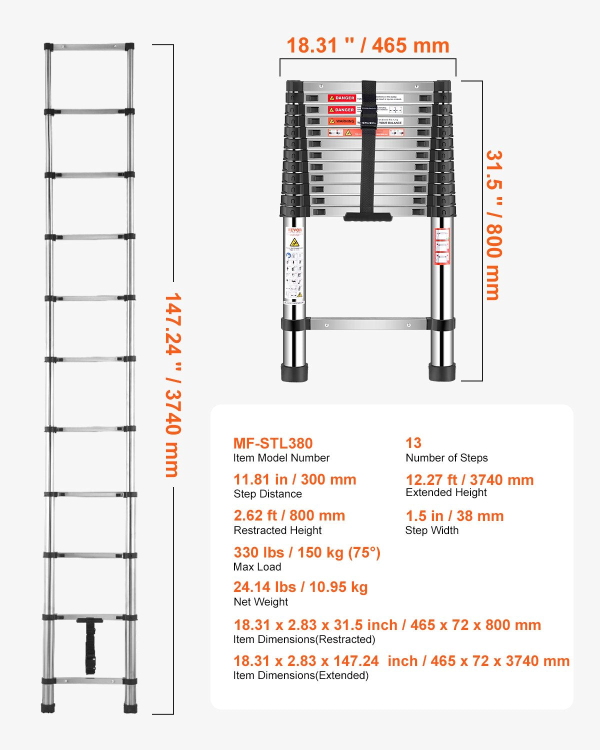 Telescoping Ladder, 3740mm Stainless Steel Lightweight Extension Ladder, Multi-Button Retraction Collapsible Ladders, 150 kg Capacity & Non-Slip Feet, Portable 13-Step Ladders for Home RV Loft