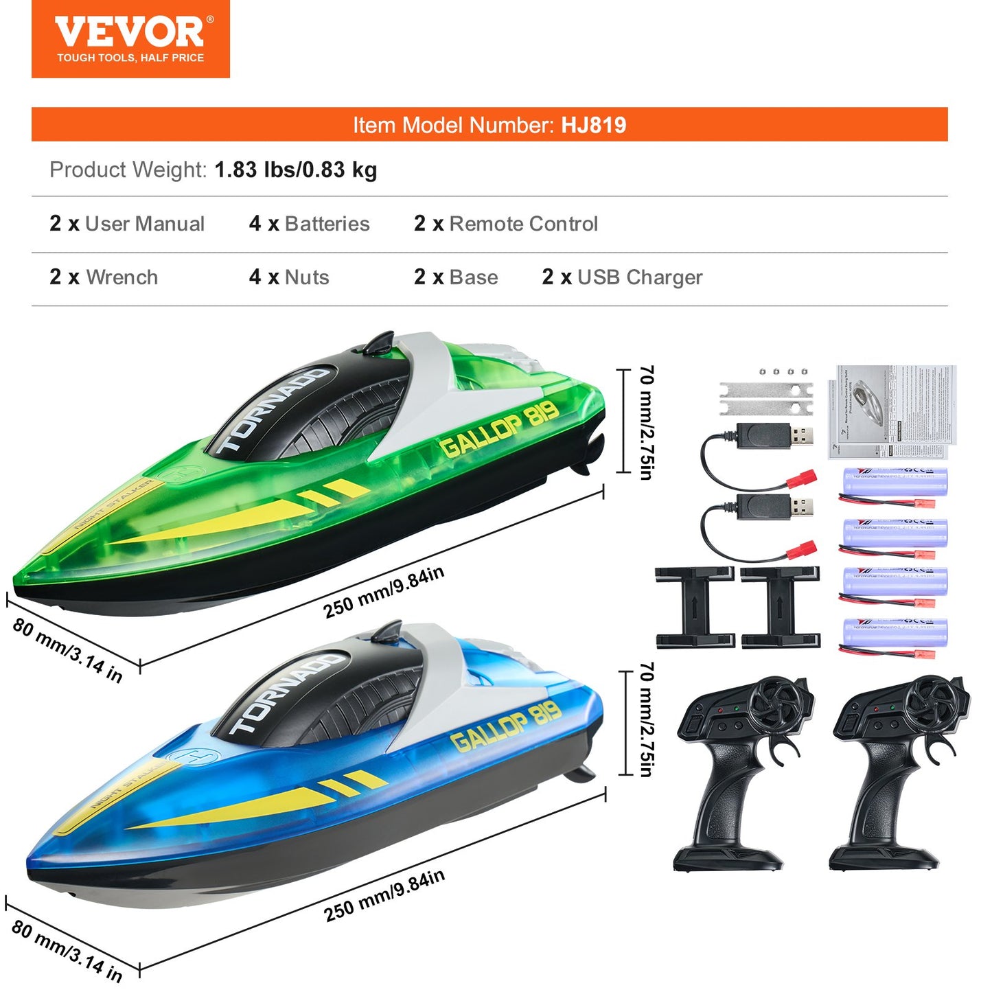 RC Boat, 2 Pack 2.4GHz 12 km/h, Remote Control Boat for Pools & Lakes, Racing Boat with LED Light, 4 Rechargeable Batteries, Whole Body Waterproof, Gift for Adults Boys & Girls, Blue & Green