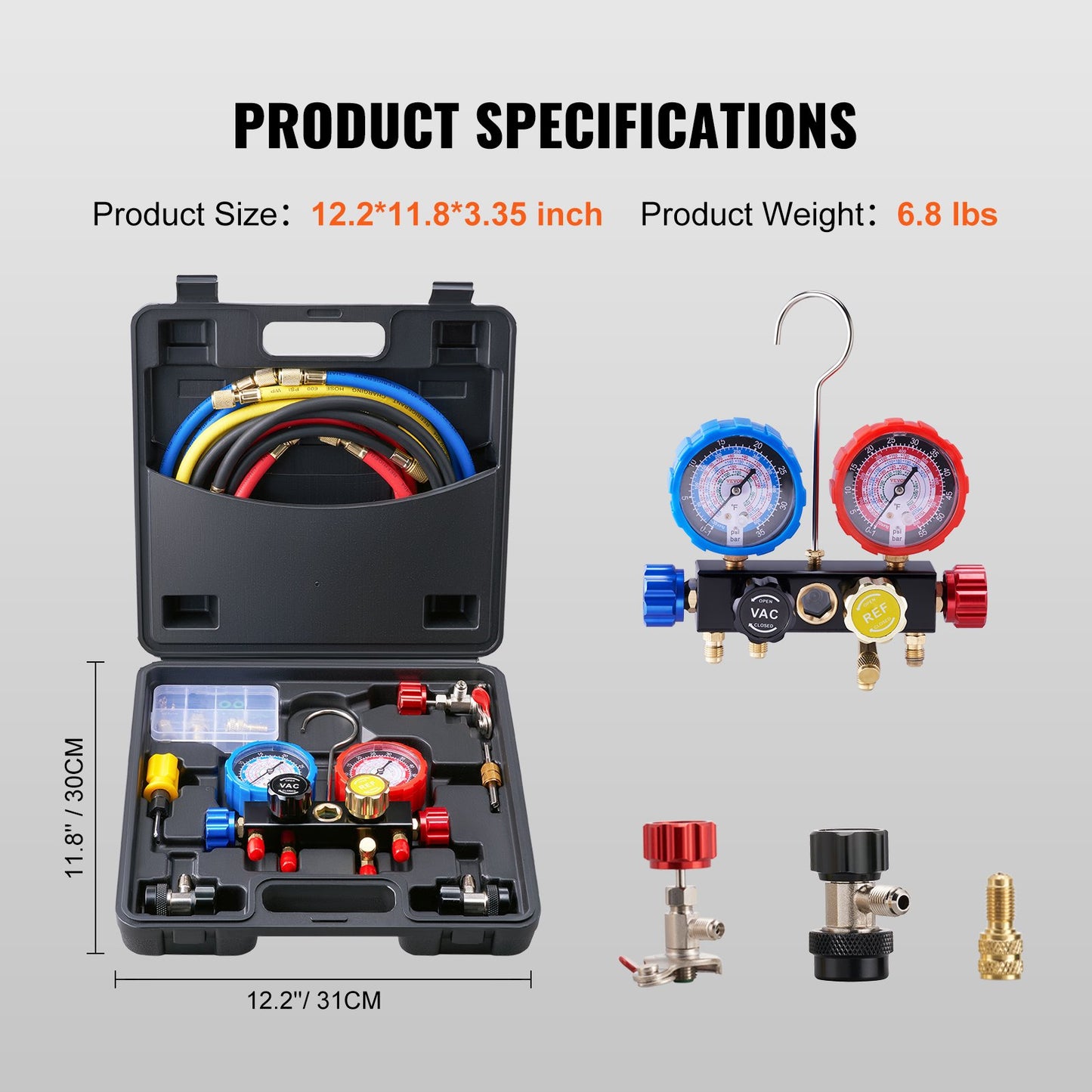 4 Way AC Gauge - AC Manifold Gauge Set for R134A R22 R12 R410A Refrigerant, Freon Gauges with 152.4 cm Hoses, Couplers, Can Tap Works on Car Auto Freon Charging and Evacuation