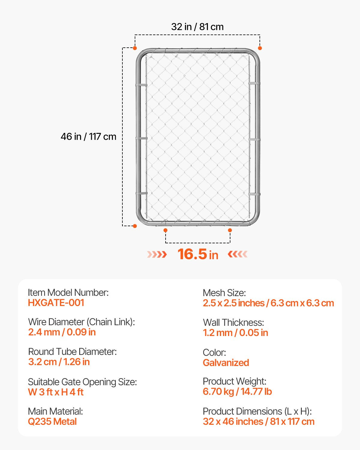 Kedjelänkstaketgrind, 32 x 46 tum, justerbar kedjelänkstaketpanel, passar 2-6 fot (B) x 4 fot (H) trädgårdsgrindöppning, rostbeständig galvaniserad staketgrind för gårdsstolpar ingår ej