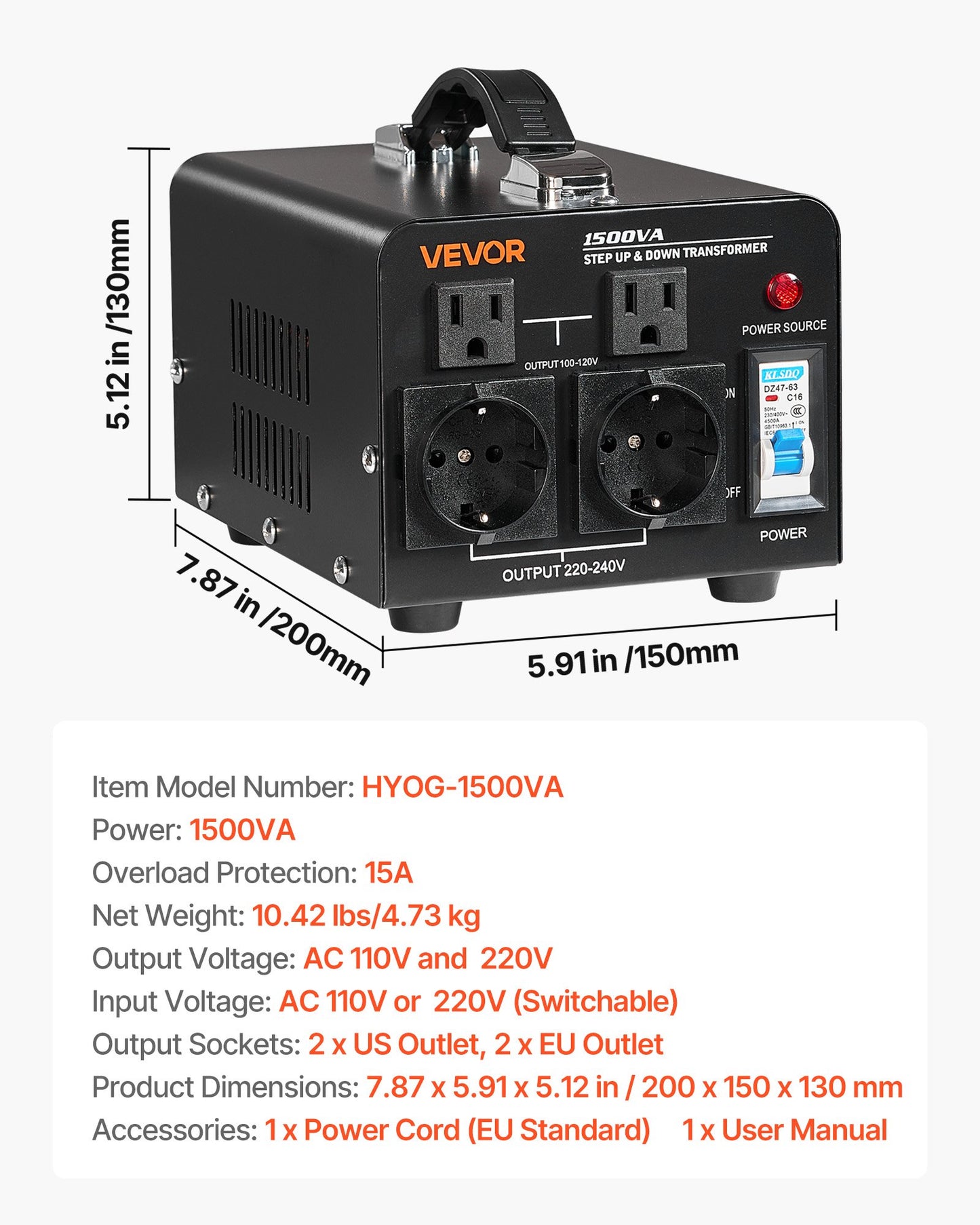 Spänningsomvandlare, 1500VA, Kraftig upp-/nedtransformator, Omvandlare från 110V till 220V och 220V till 110V, med amerikanska uttag, EU-uttag, nätsladd, kretsbrytarskydd