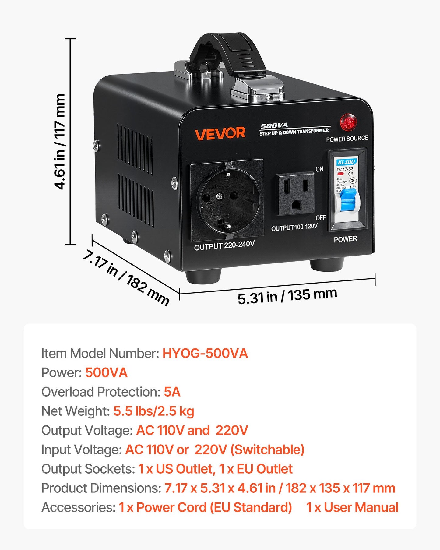 Spänningsomvandlare, 500VA, Kraftig upp-/nedtransformator, Omvandlare från 110V till 220V och 220V till 110V, med amerikanskt uttag, EU-uttag, nätsladd, kretsbrytarskydd