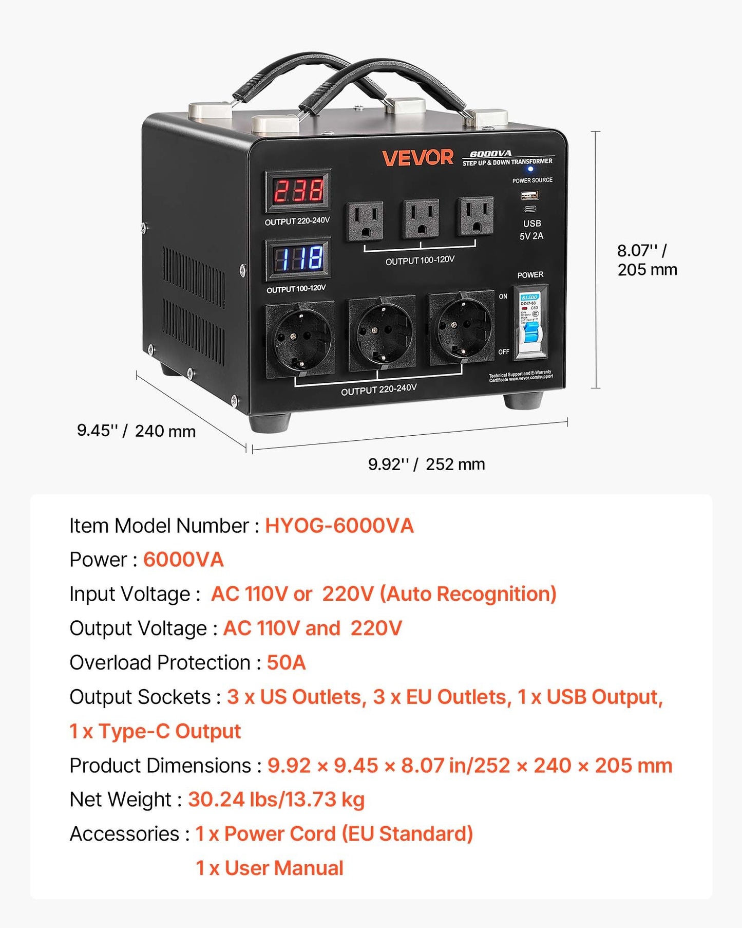 Spänningsomvandlare, 6000VA, kraftig upp-/nedtransformator, 110V till 220V och 220V till 110V, med 3 US-uttag, 3 EU-uttag, LCD-display, brytarskydd