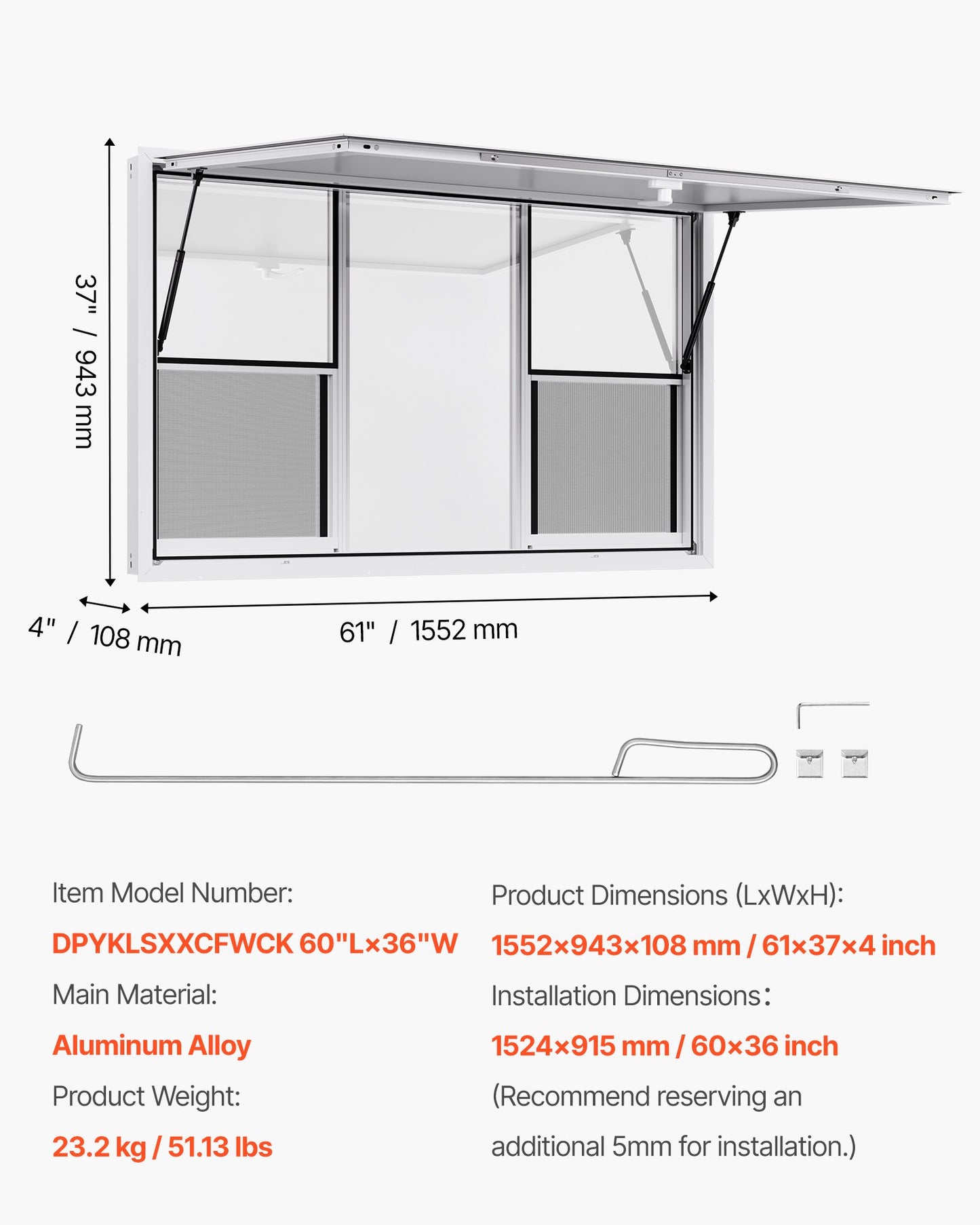Koncessionsfönster 152x92 cm, servicefönster i aluminiumlegering för food truck, upp till 85 graders stående serveringfönster med 6 skjutbara fönster, markisdörr och dragkrok, för koncessionsvagnar